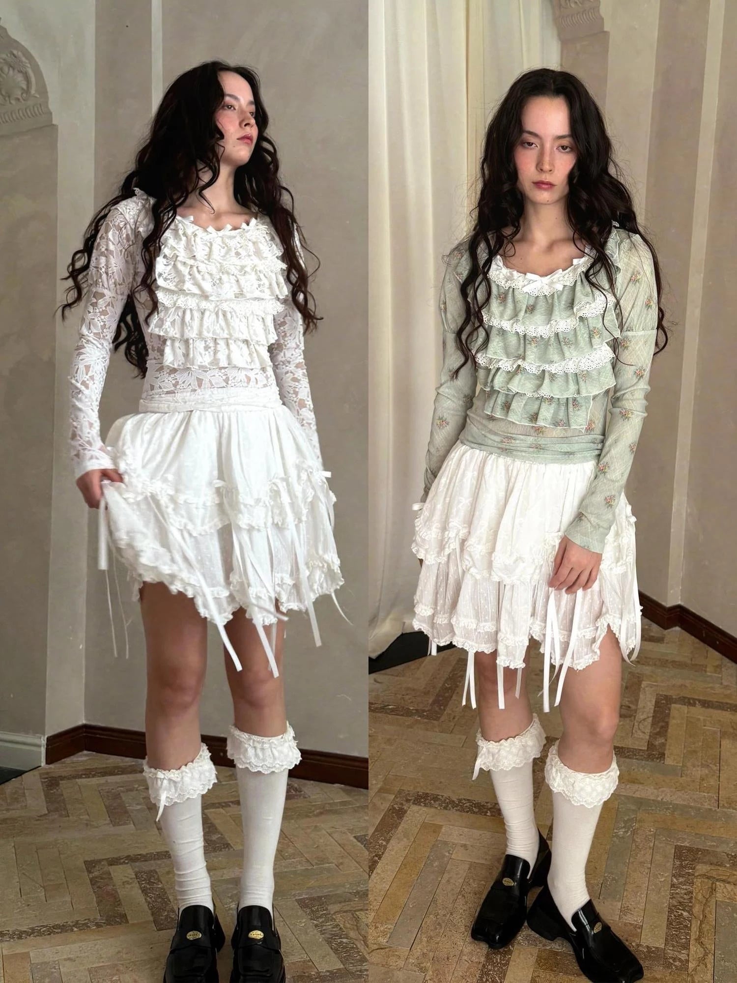 Fairy Tale Lace Trim Stretch Top Long Sleeve Sun Protection Layering V-neck T-shirt