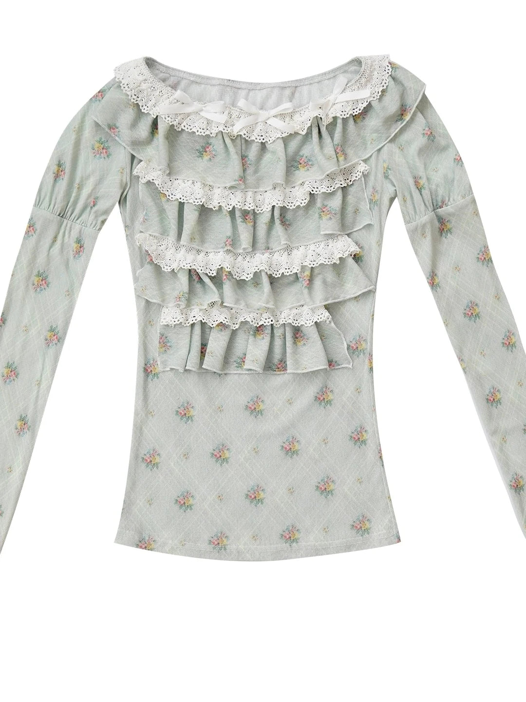 Fairy Tale Lace Trim Stretch Top Long Sleeve Sun Protection Layering V-neck T-shirt