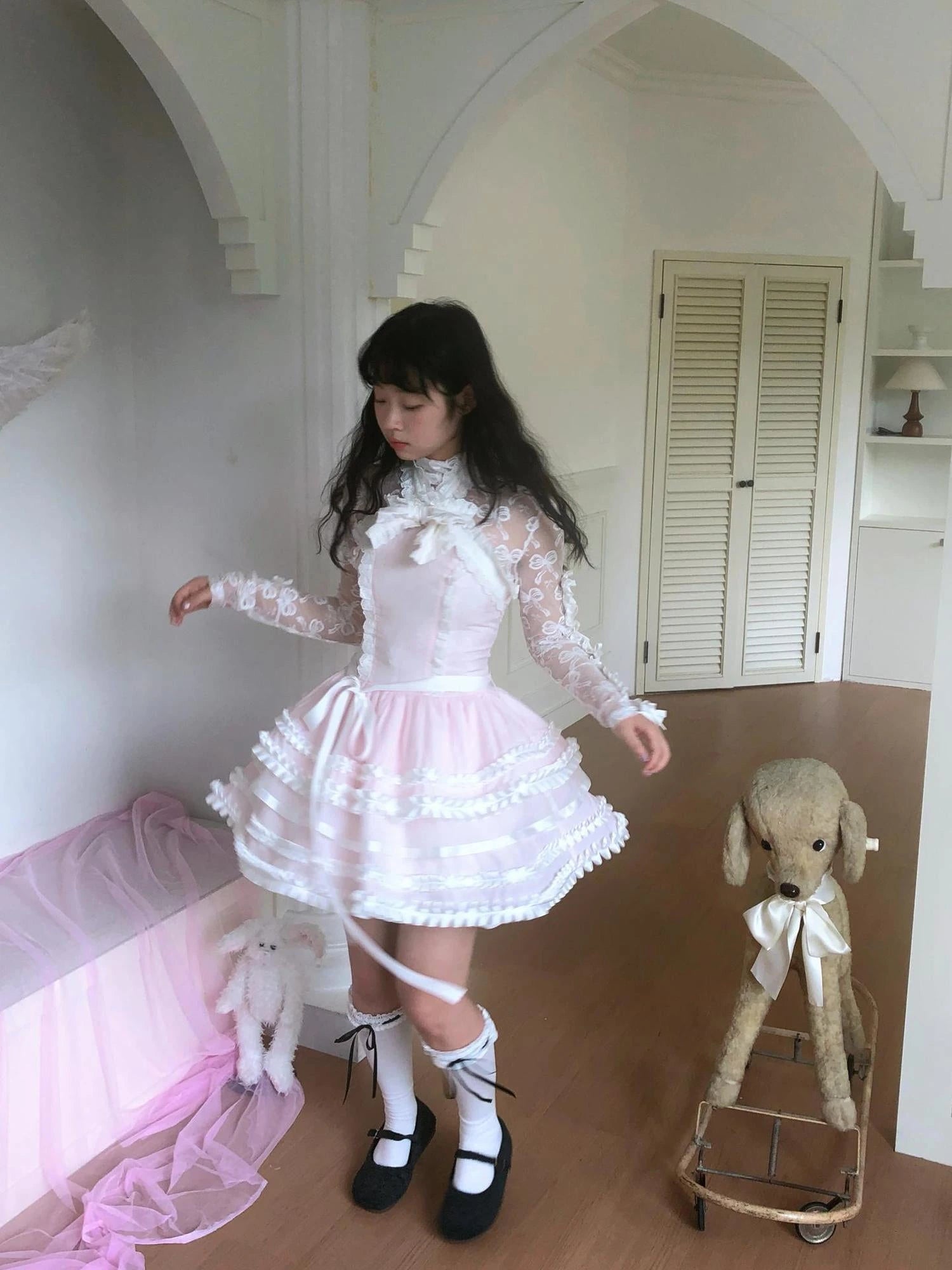 Fairytale Ruffled Lace Bow Dress V Neck T Shirt Long Sleeve