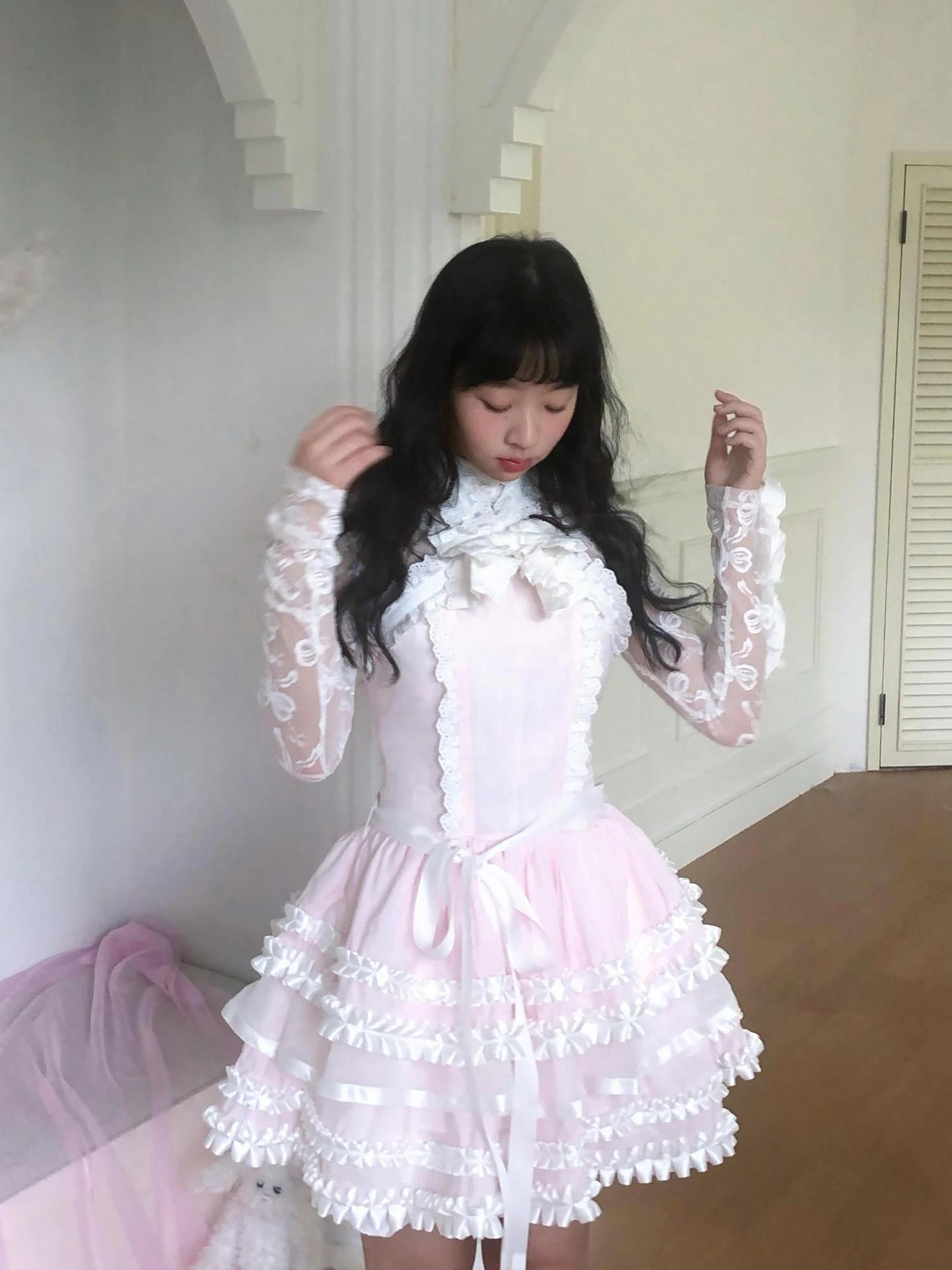 Fairytale Ruffled Lace Bow Dress V Neck T Shirt Long Sleeve