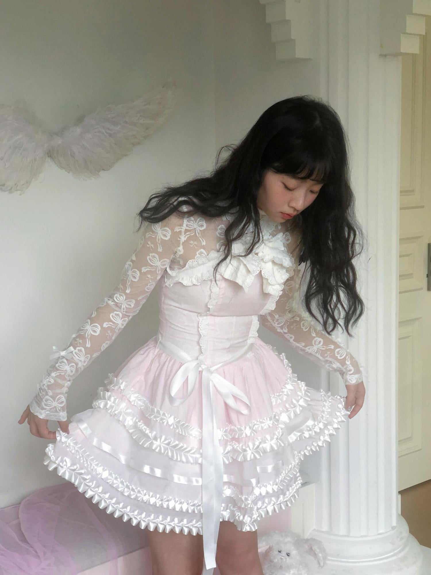 Daytoday Fairytale Ruffled Lace Bow Dress V Neck T Shirt Long Sleeve