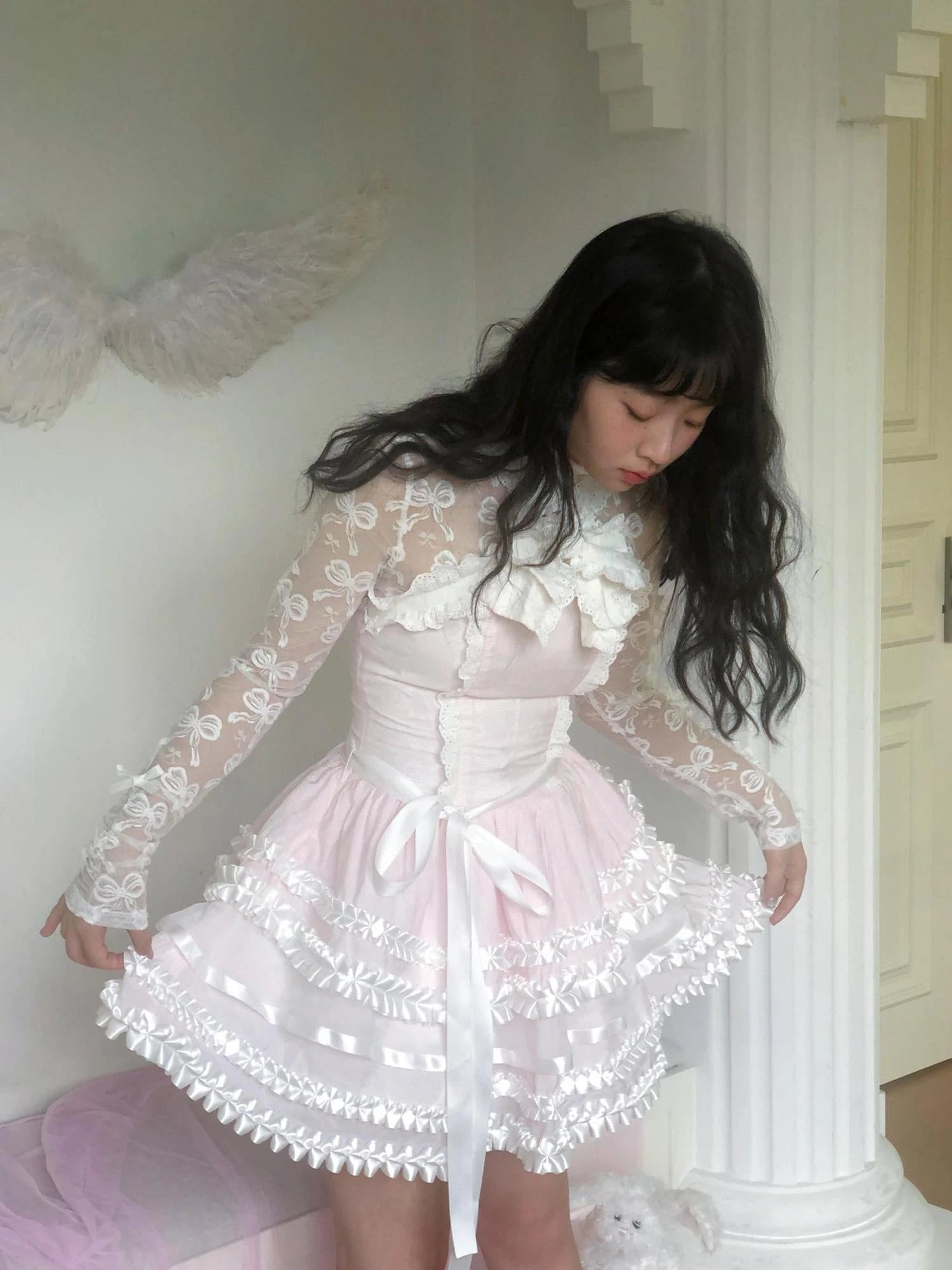 Fairytale Ruffled Lace Bow Dress V Neck T Shirt Long Sleeve