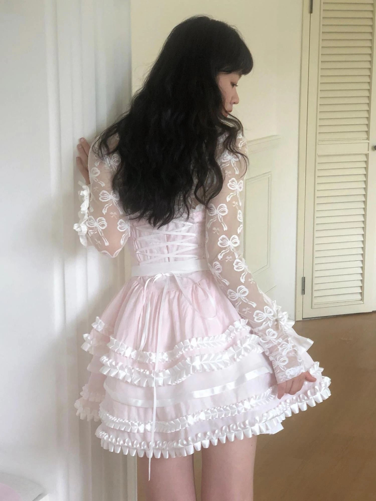 Fairytale Ruffled Lace Bow Dress V Neck T Shirt Long Sleeve