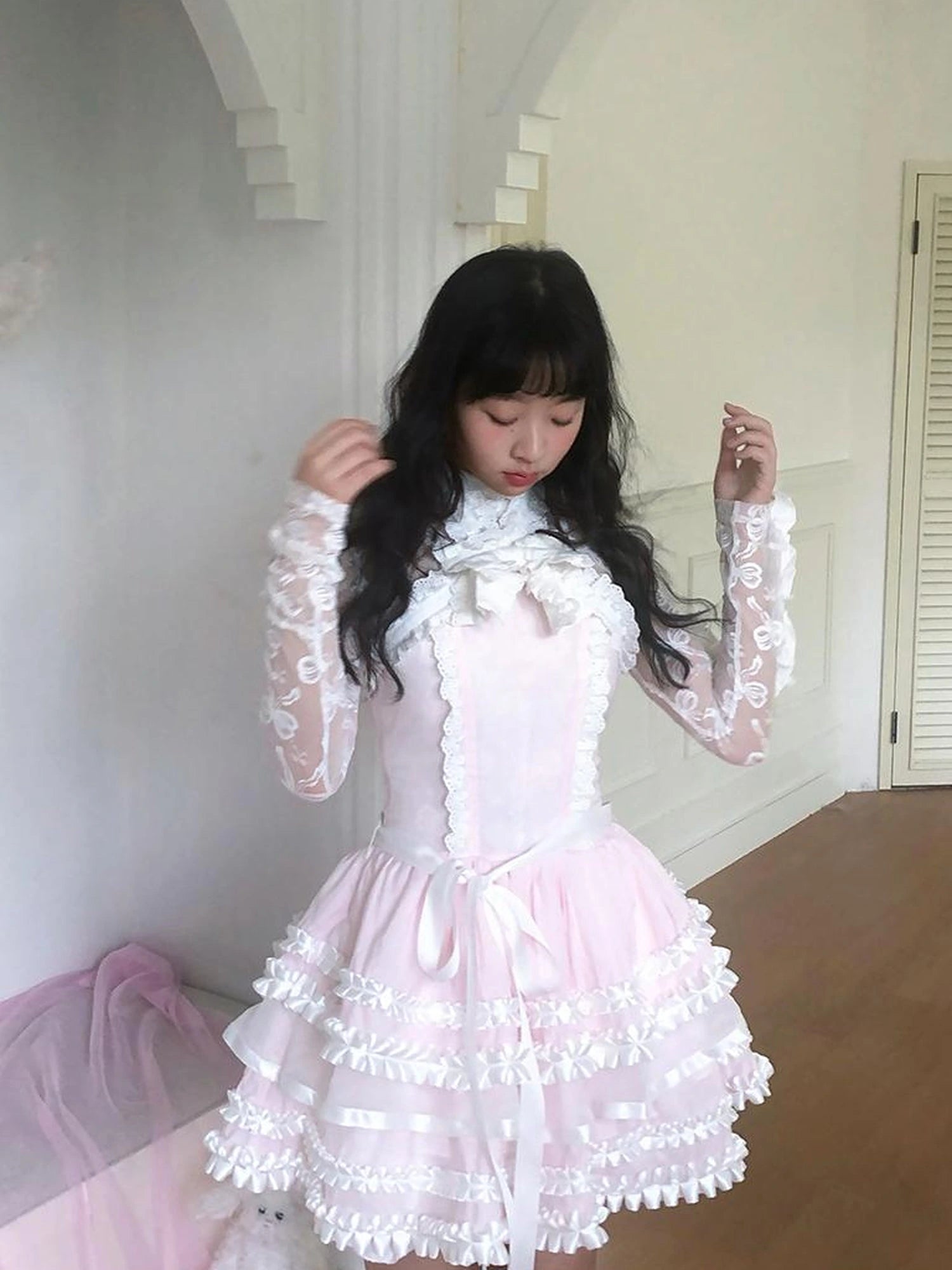 Fairytale Ruffled Lace Bow Dress V Neck T Shirt Long Sleeve