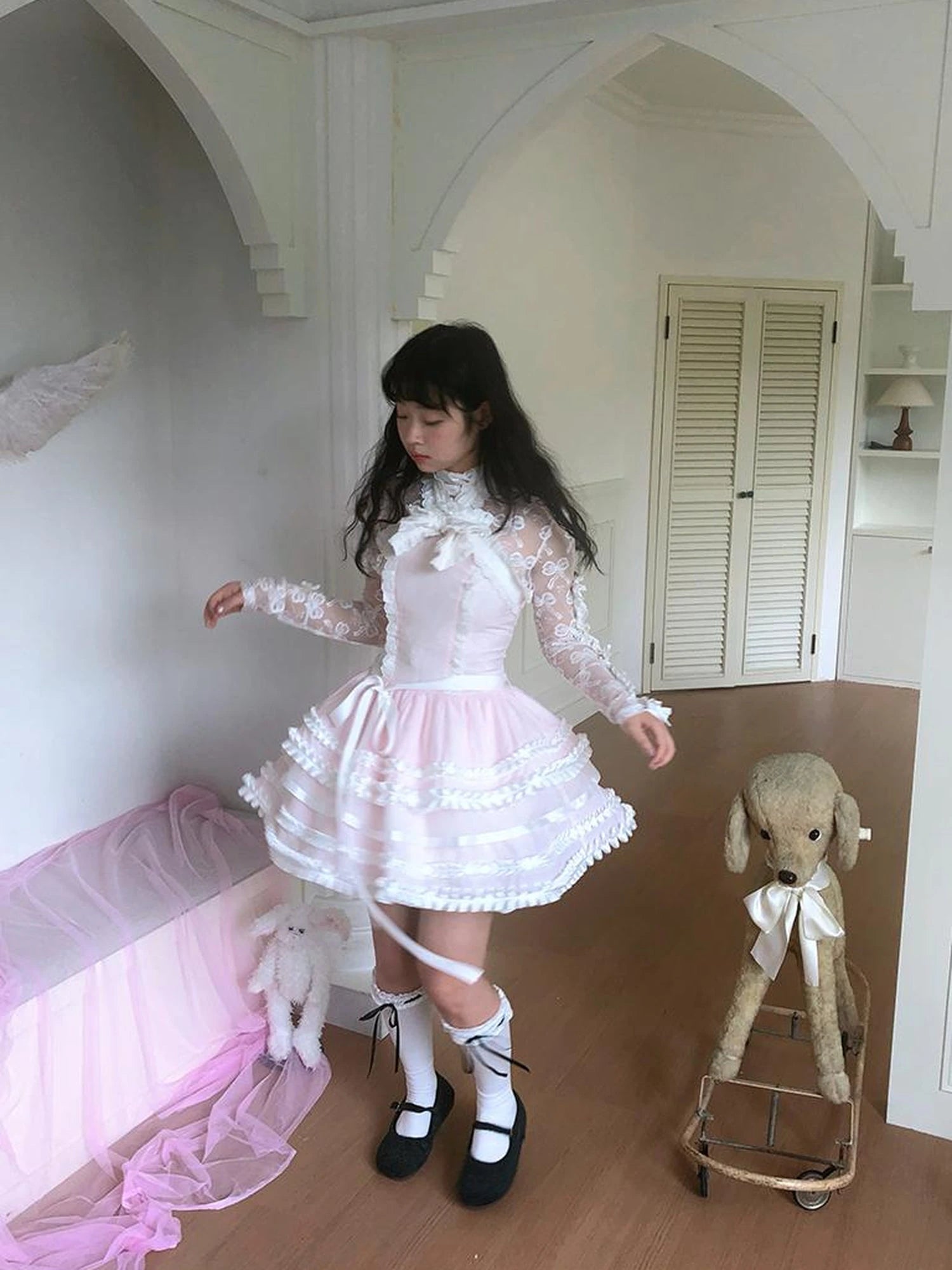 Fairytale Ruffled Lace Bow Dress V Neck T Shirt Long Sleeve