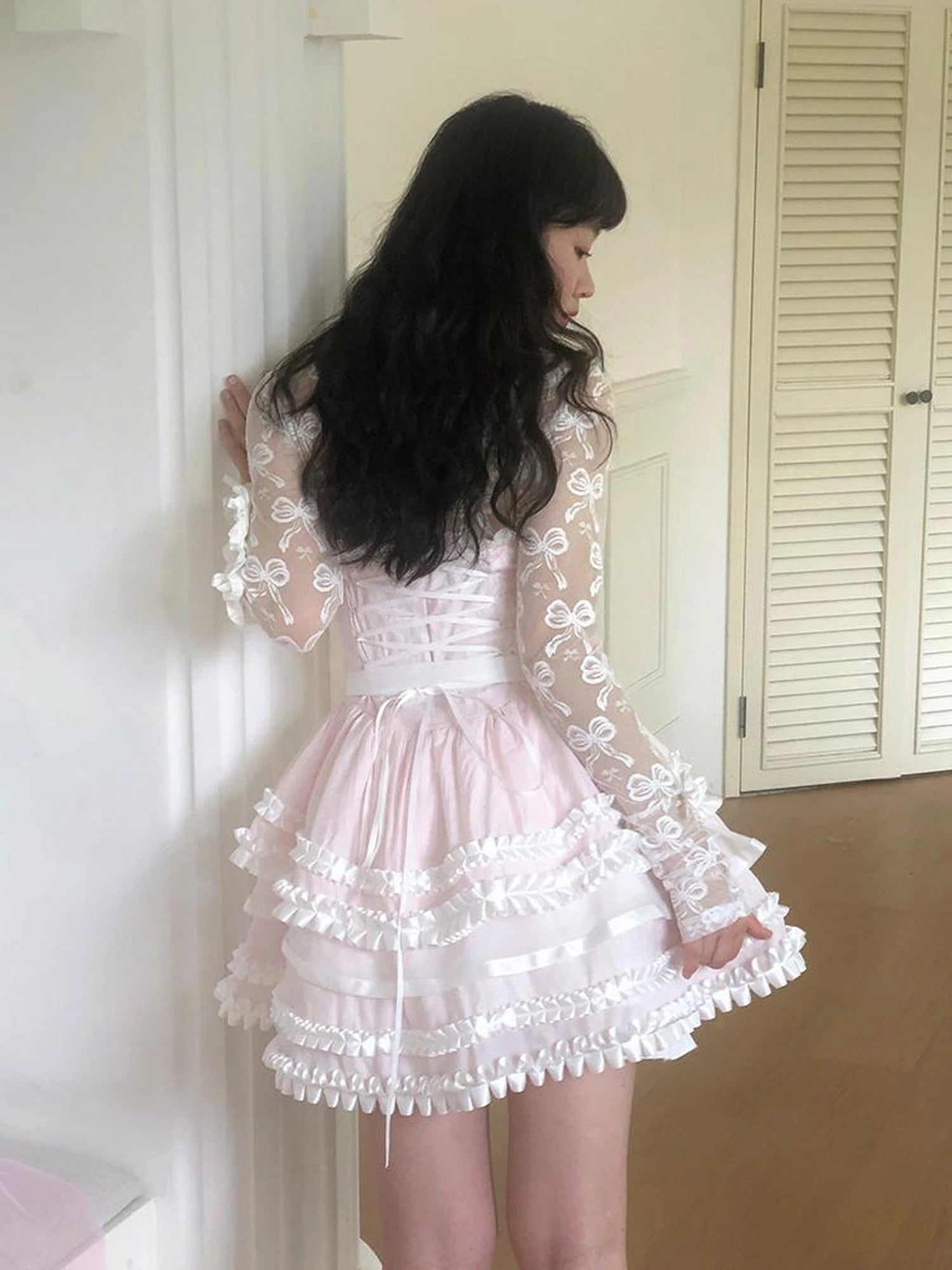 Fairytale Ruffled Lace Bow Dress V Neck T Shirt Long Sleeve
