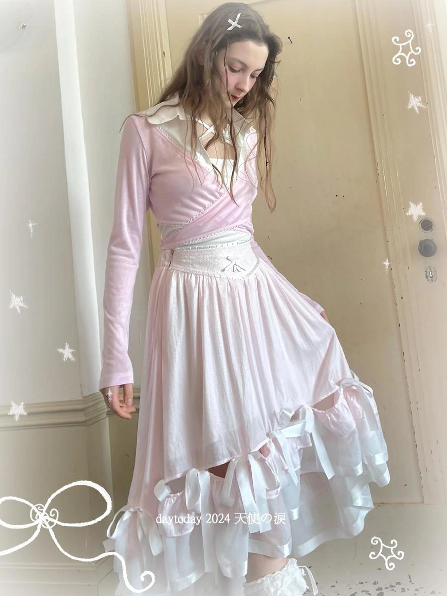 Floral Lace Bow Detail High Waist Midi Skirt