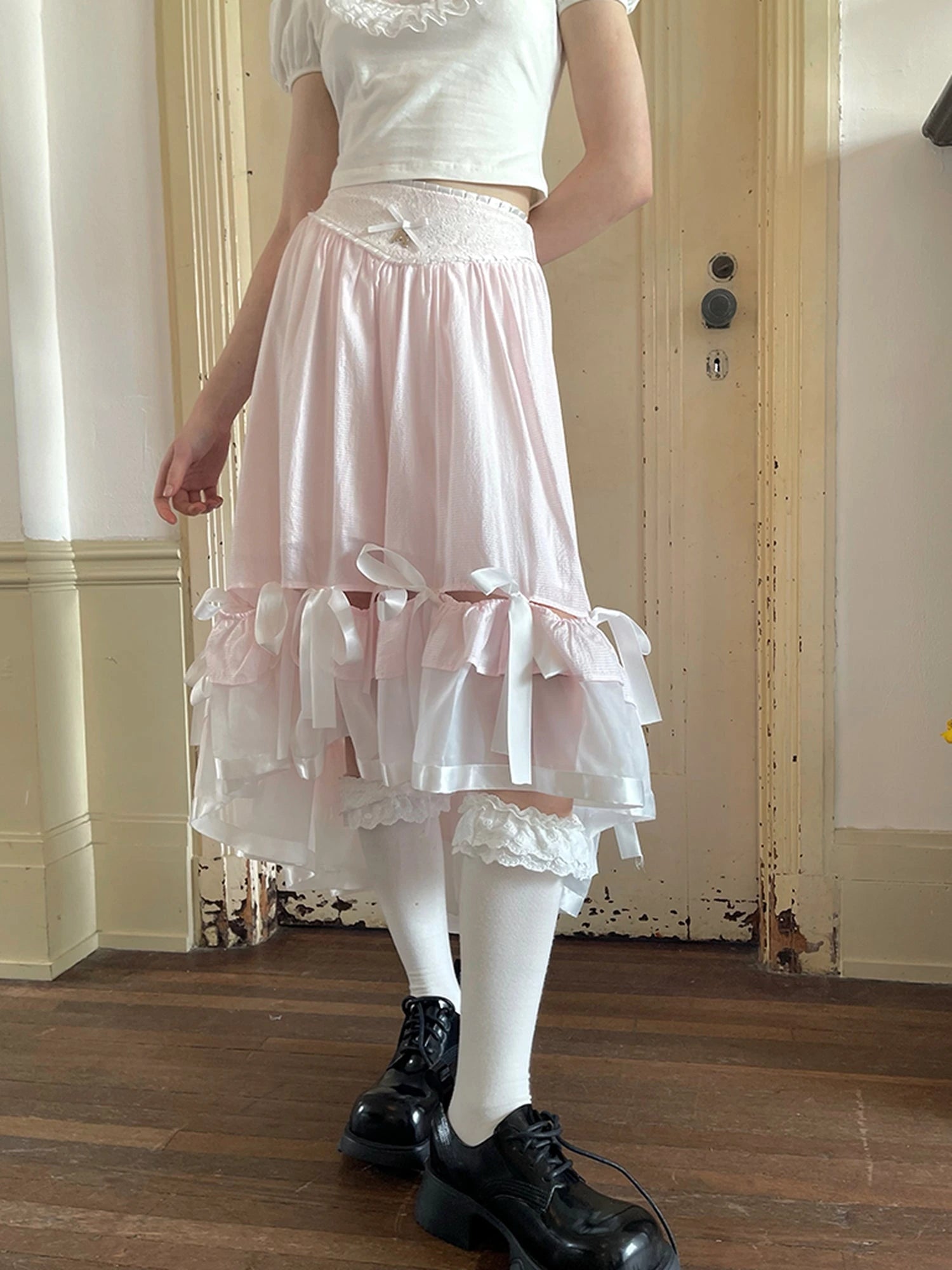 Floral Lace Bow Detail High Waist Midi Skirt