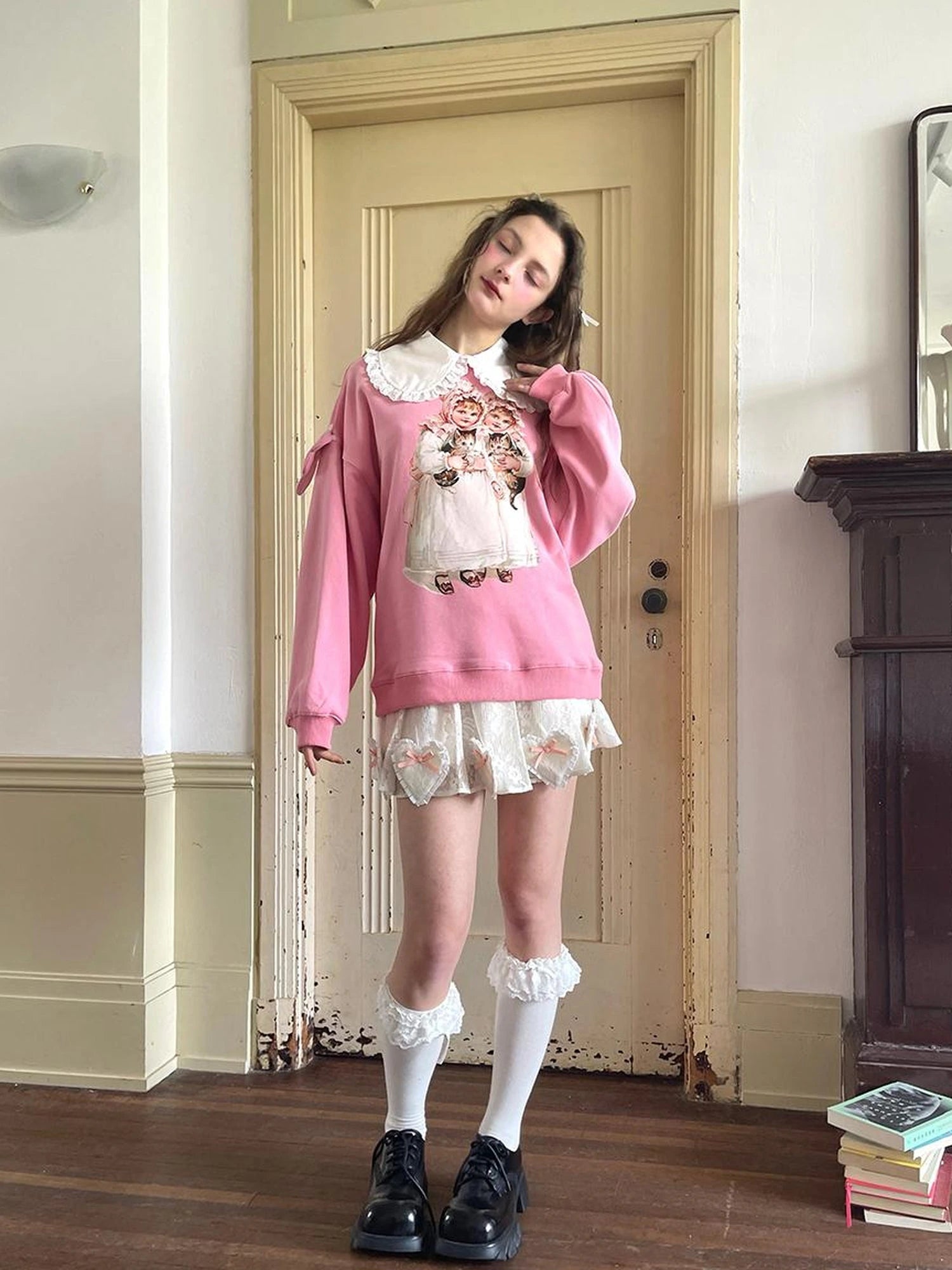 Floral Lace Pleated Mini Skirt With Angel Tears Print