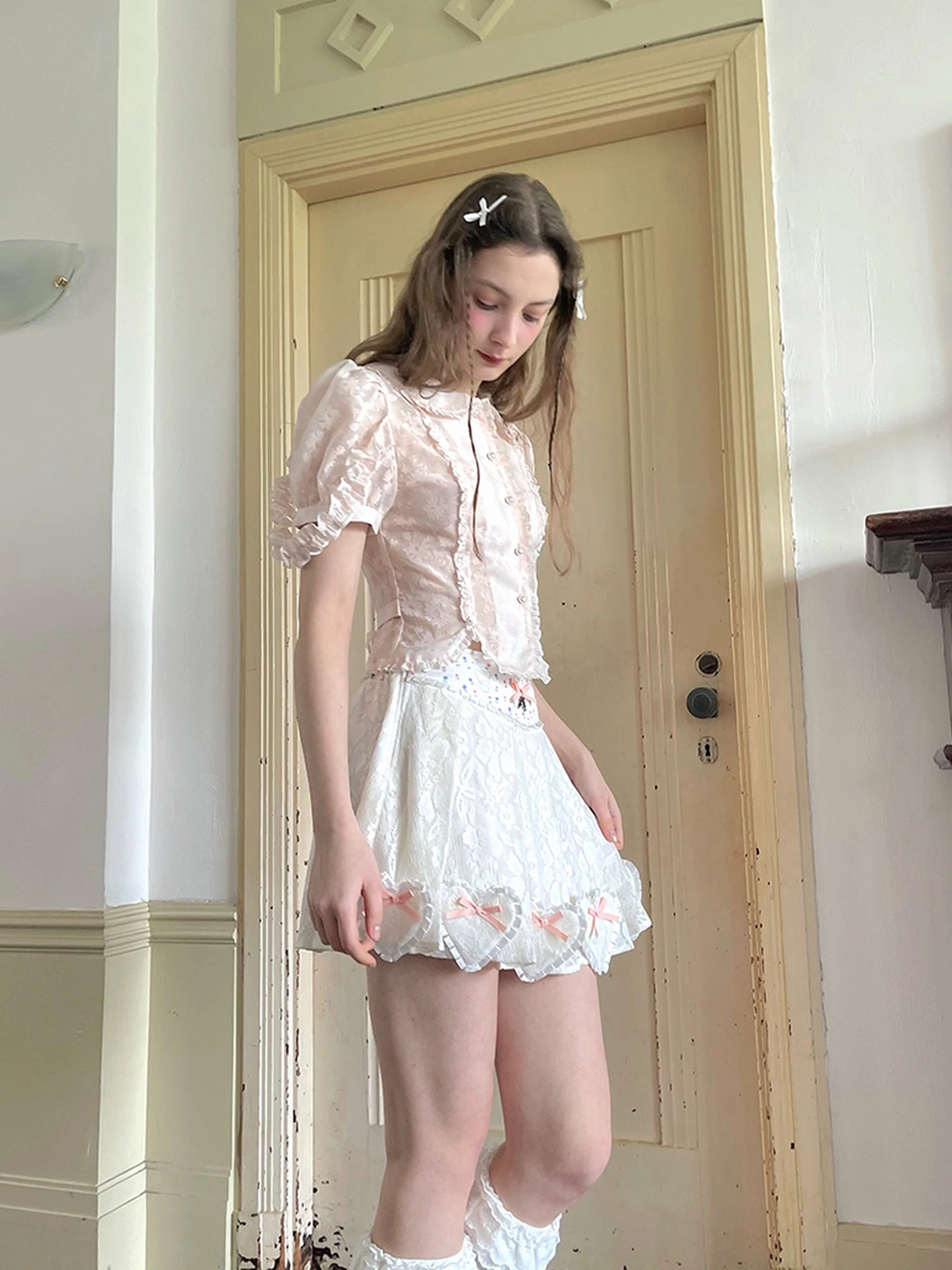 Floral Lace Pleated Mini Skirt With Angel Tears Print