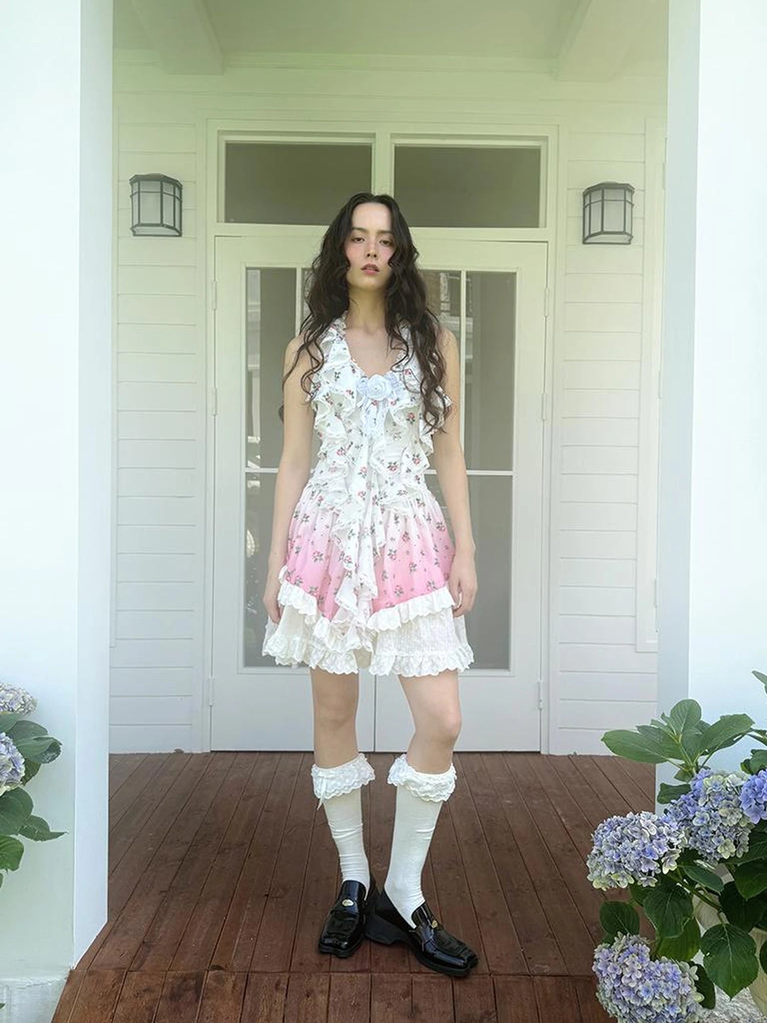 Floral Lace Trim Halter Neck Sundress