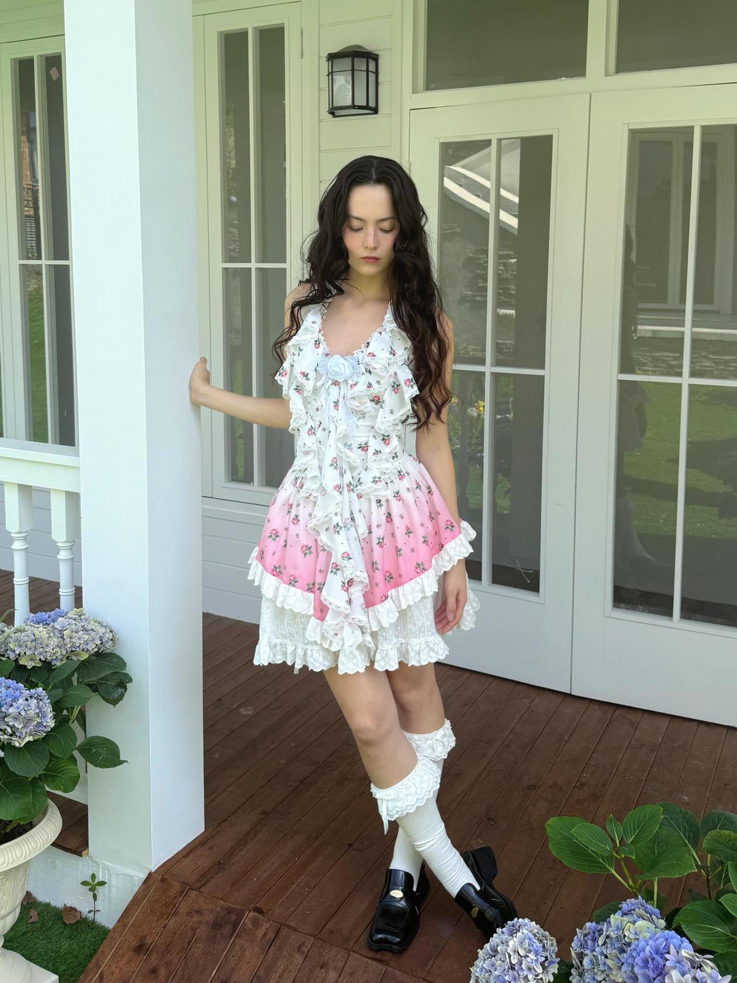 Daytoday Floral Lace Trim Halter Neck Sundress