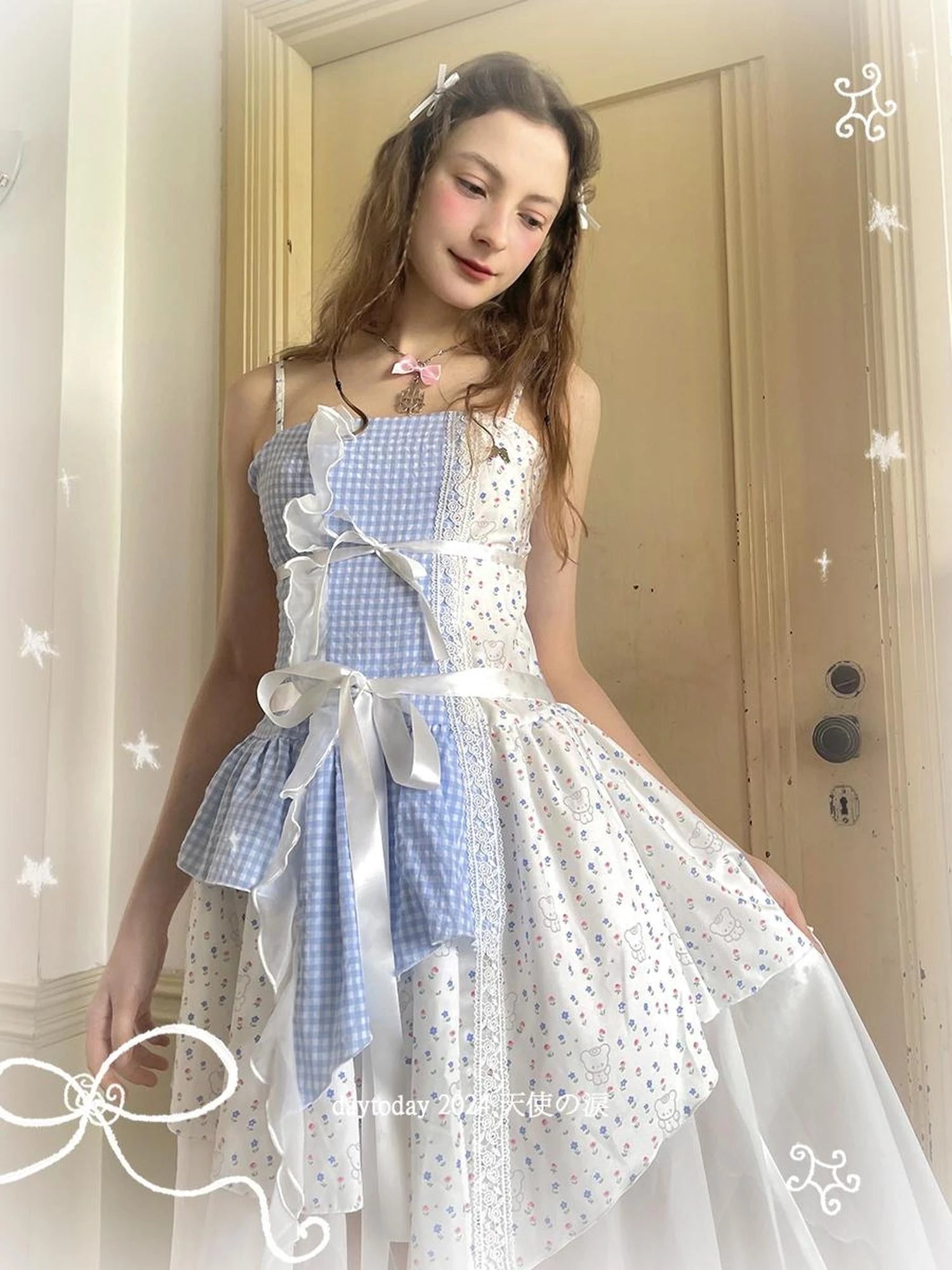 Floral Lace Up Backless Denim Blue Patchwork Dress