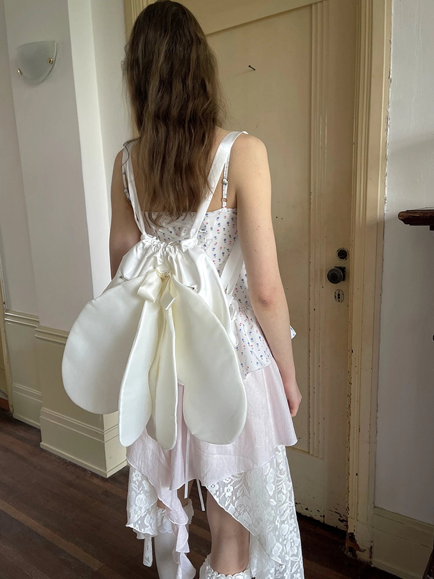 Floral Lace Up Backless Denim Blue Patchwork Dress