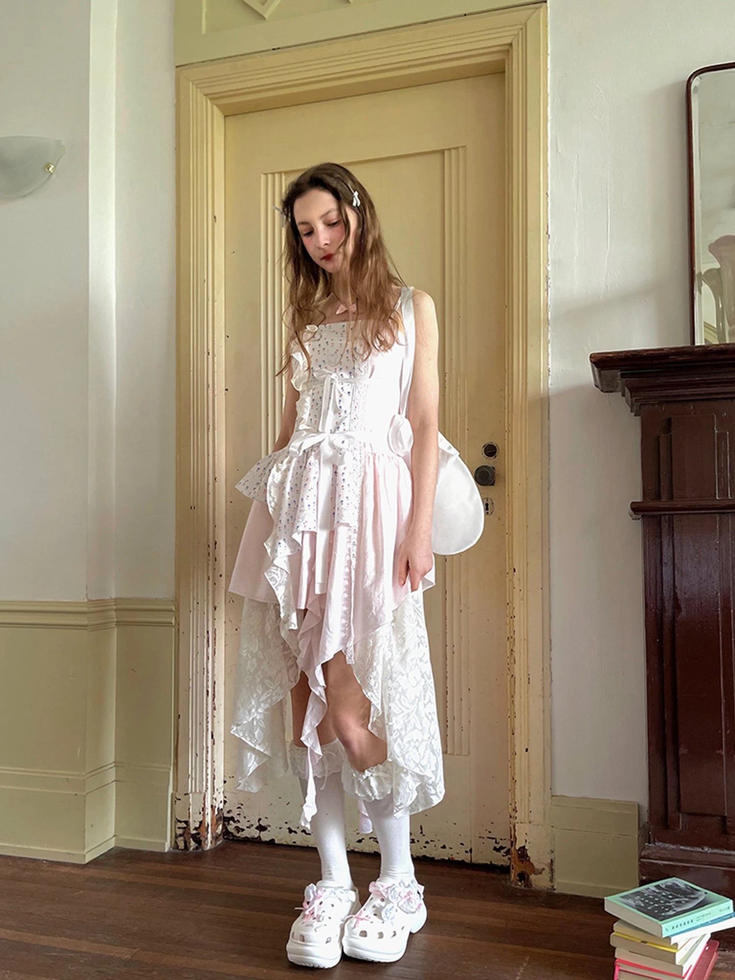 Floral Lace Up Backless Denim Blue Patchwork Dress