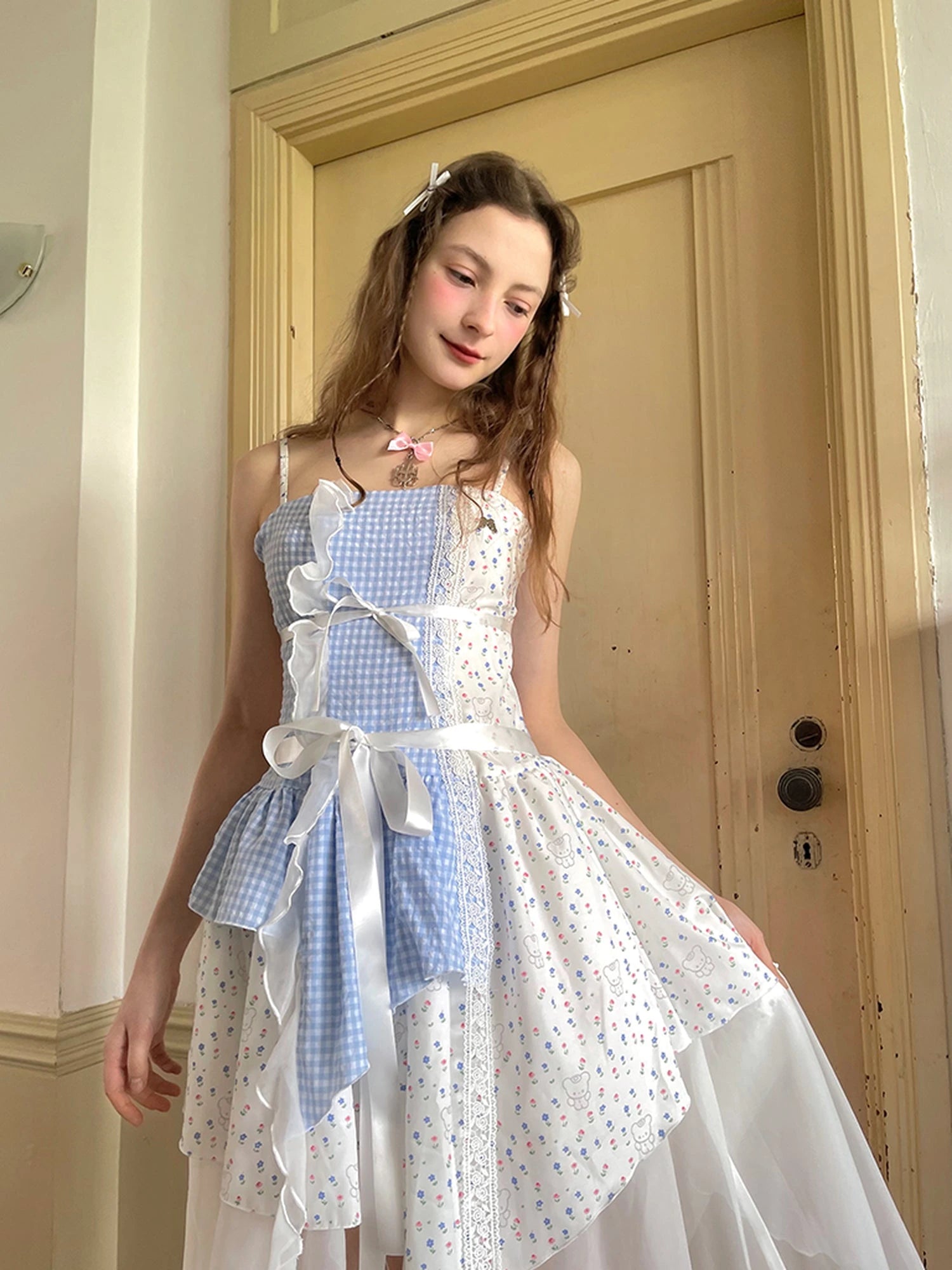 Floral Lace Up Backless Denim Blue Patchwork Dress