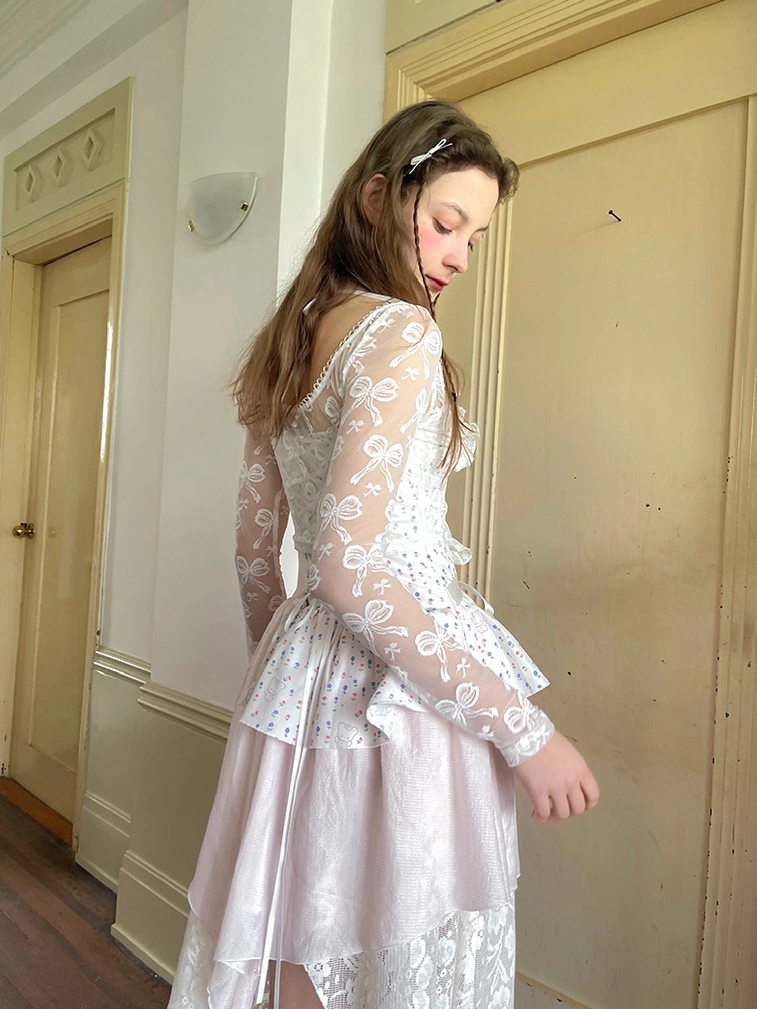 Floral Lace Up Backless Denim Blue Patchwork Dress