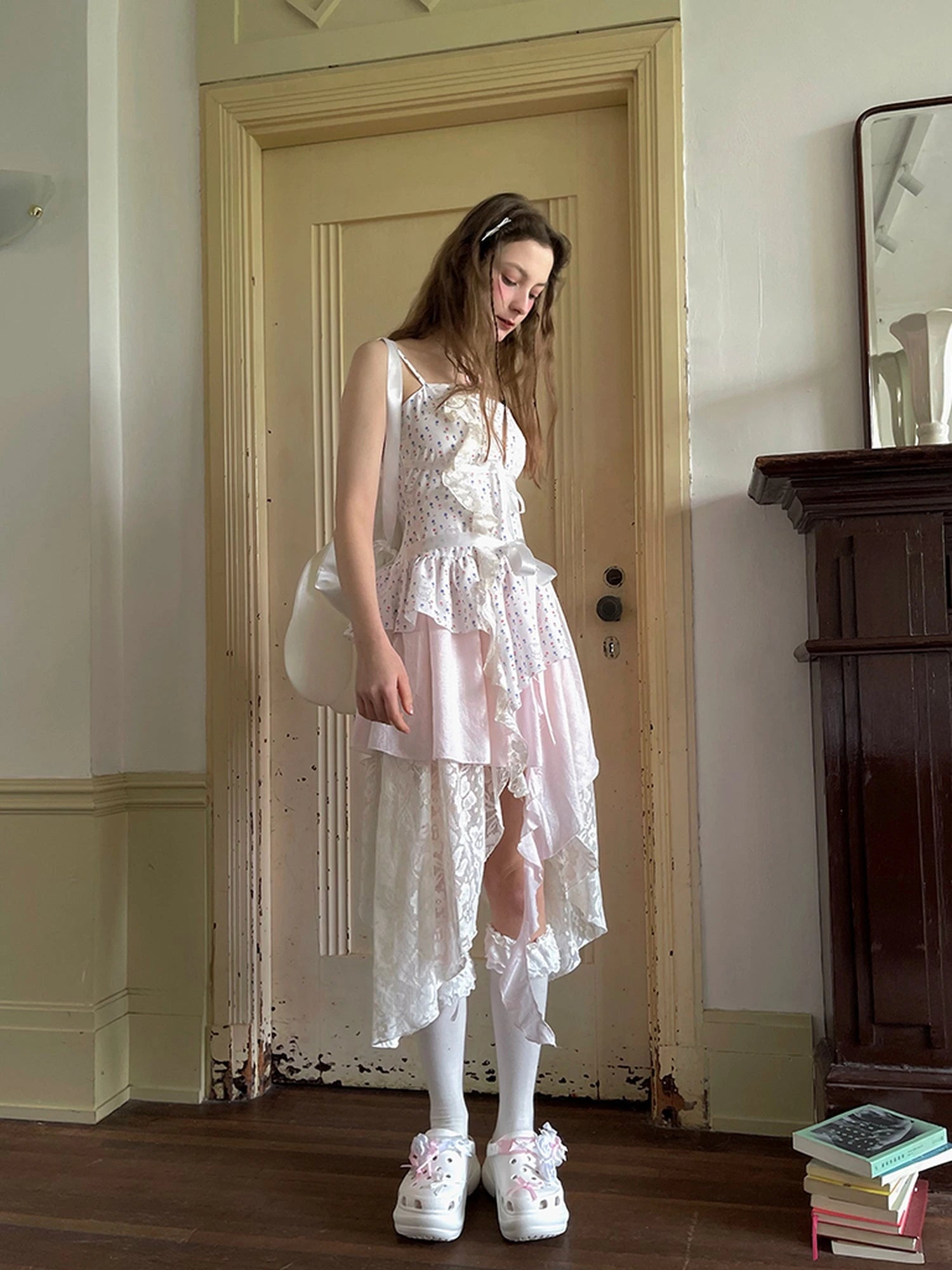 Floral Lace Up Backless Denim Blue Patchwork Dress