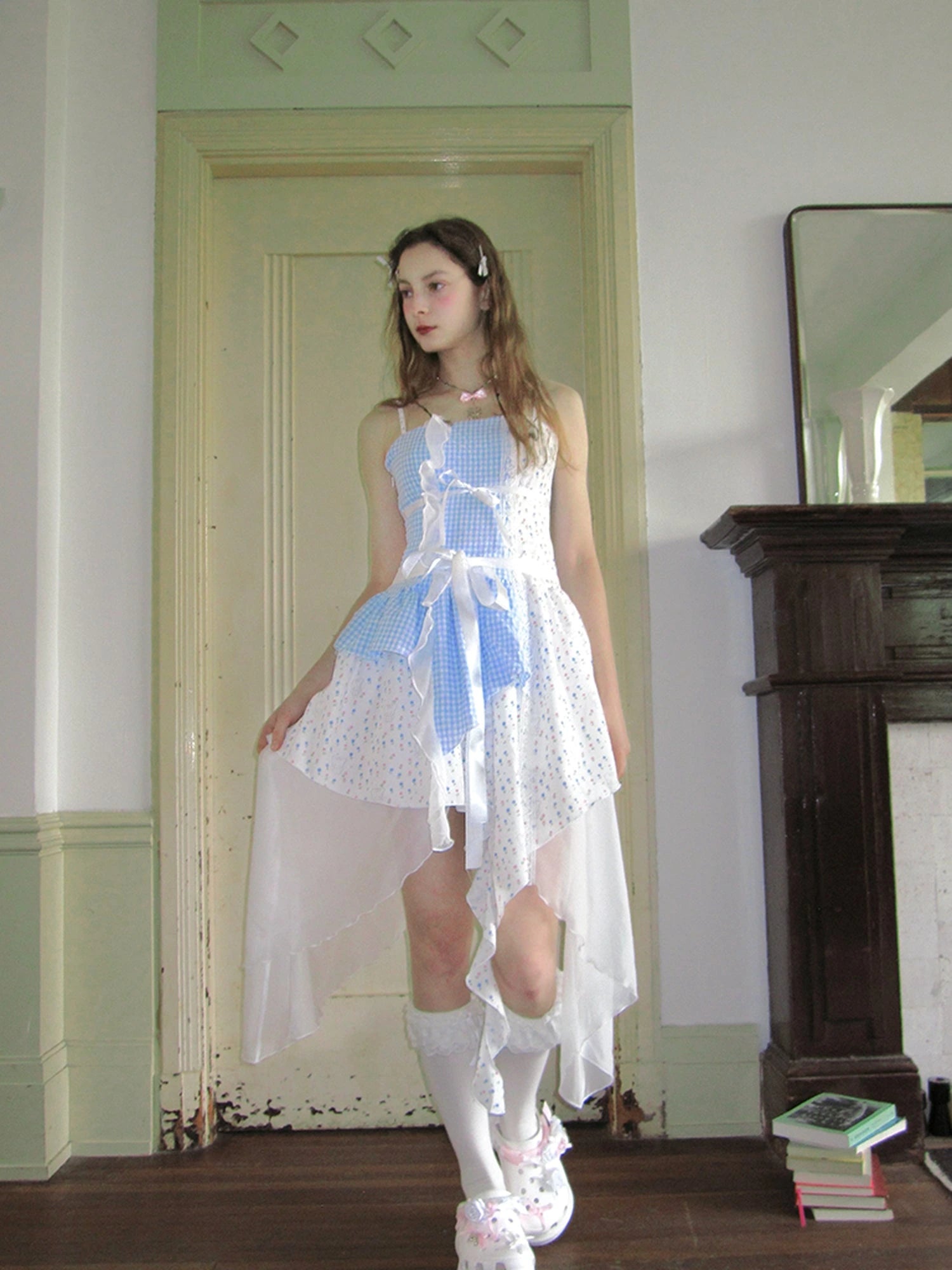 Floral Lace Up Backless Denim Blue Patchwork Dress