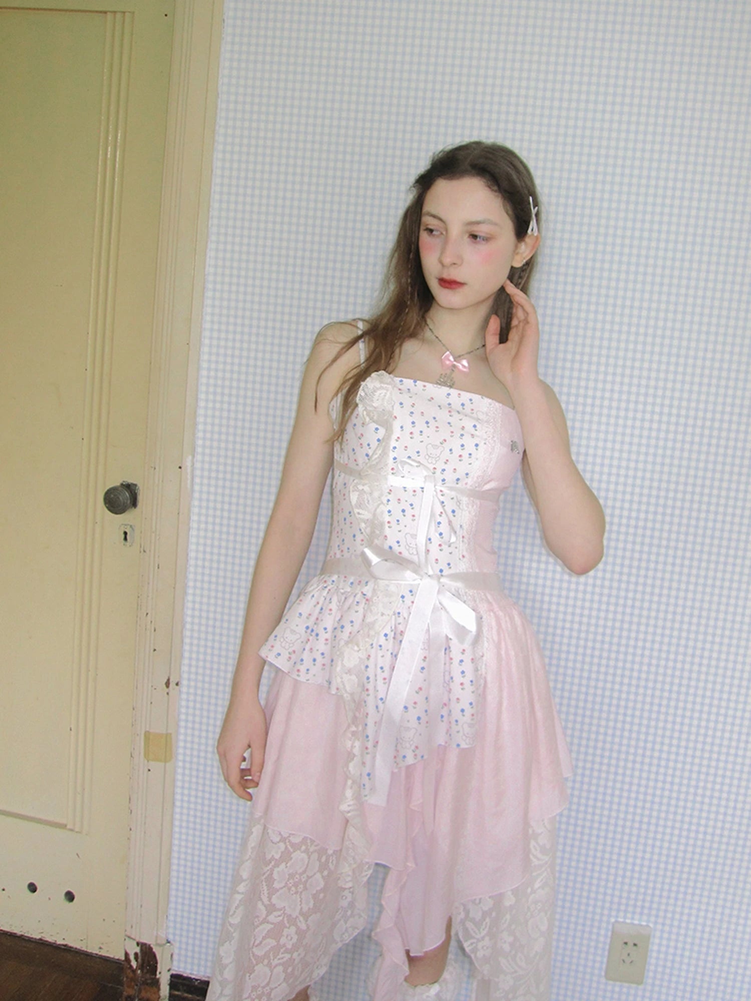 Floral Lace Up Backless Denim Blue Patchwork Dress