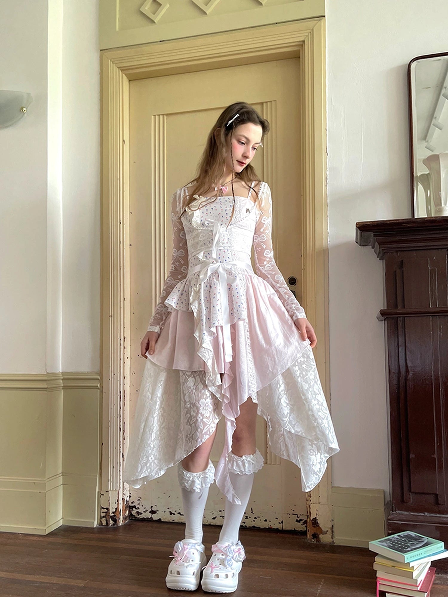 Floral Lace Up Backless Denim Blue Patchwork Dress