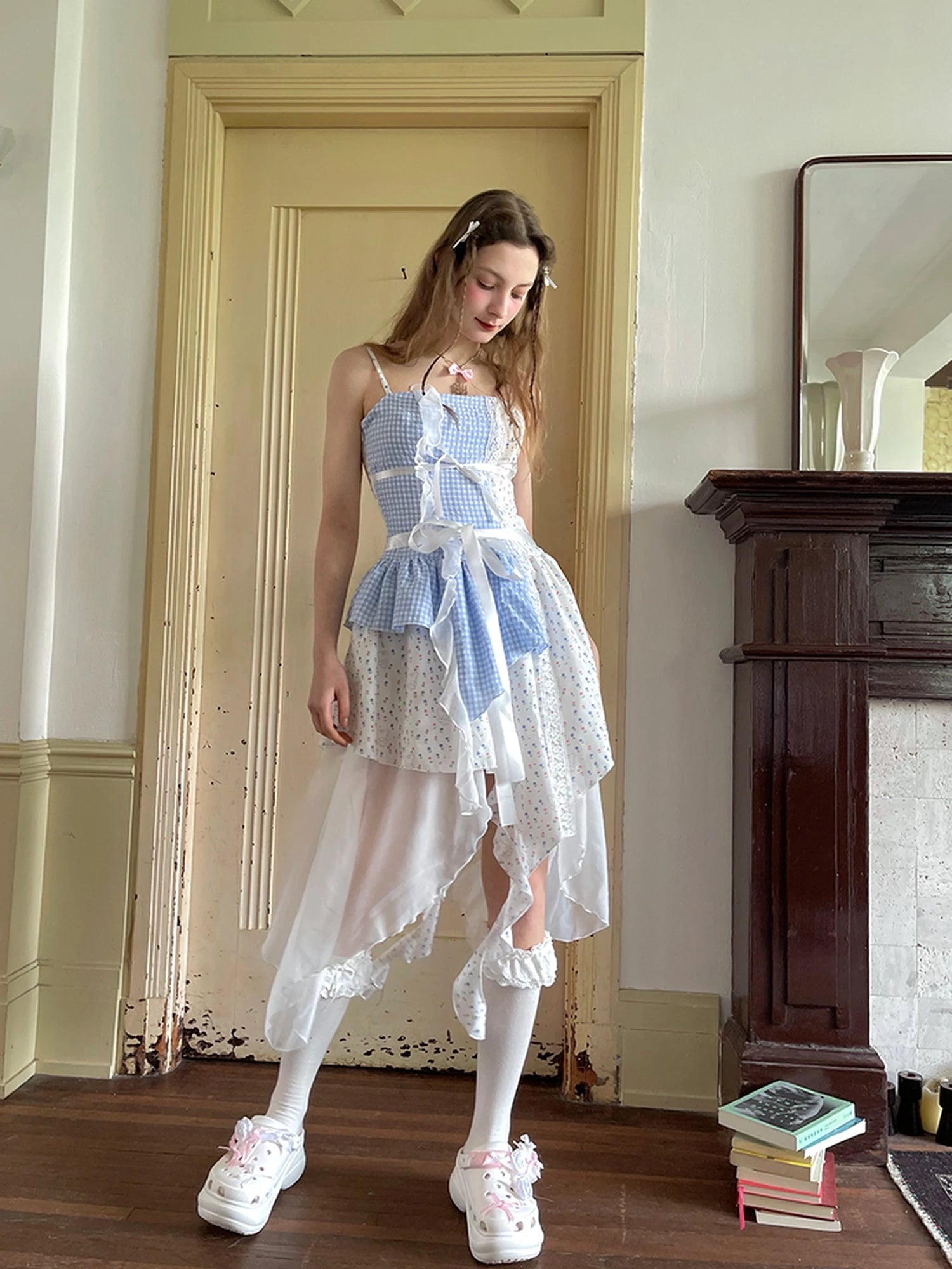 Floral Lace Up Backless Denim Blue Patchwork Dress