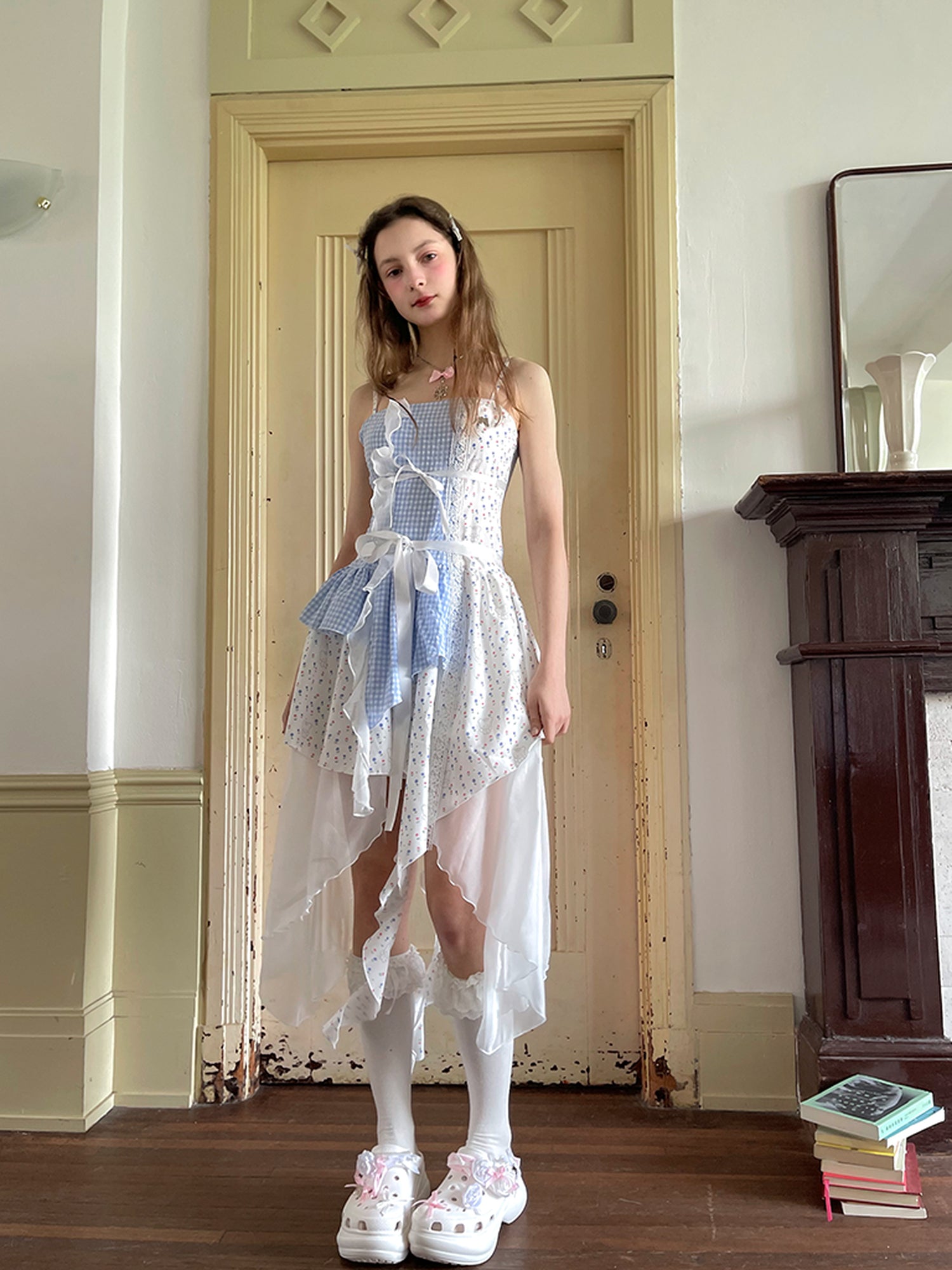 Daytoday Floral Lace Up Backless Denim Blue Patchwork Dress