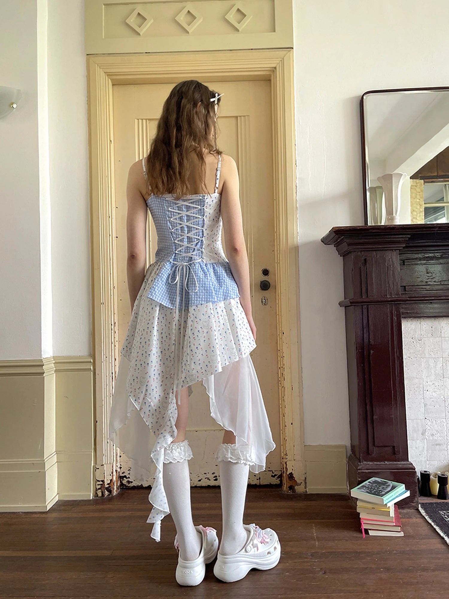 Floral Lace Up Backless Denim Blue Patchwork Dress