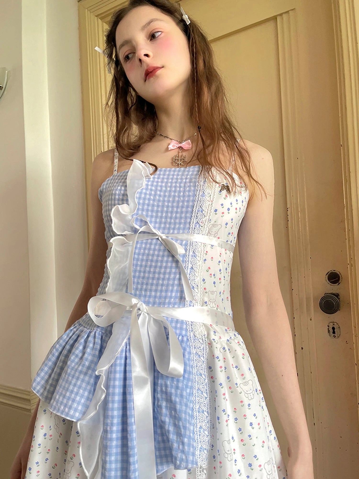 Floral Lace Up Backless Denim Blue Patchwork Dress