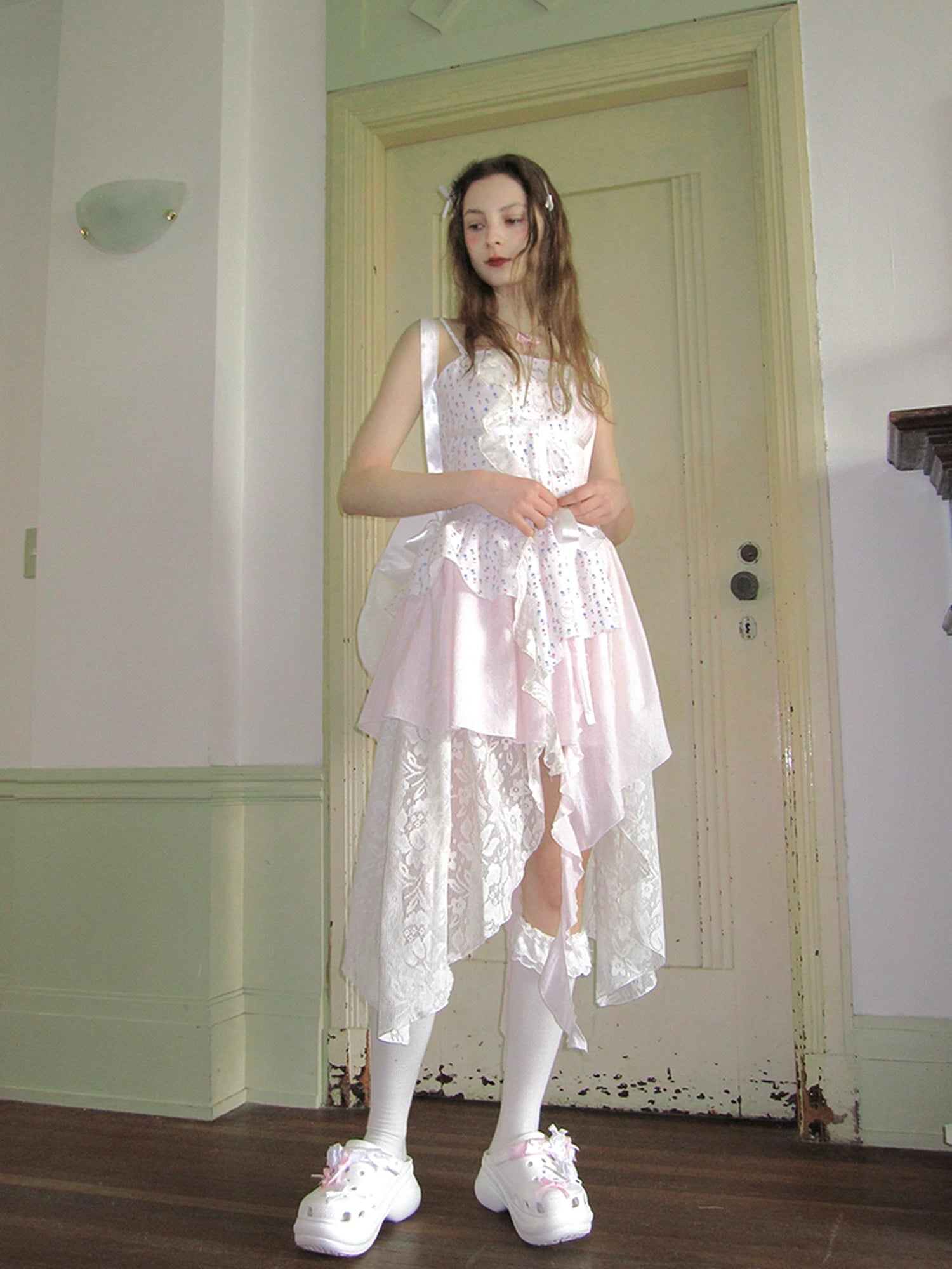 Floral Lace Up Backless Denim Blue Patchwork Dress