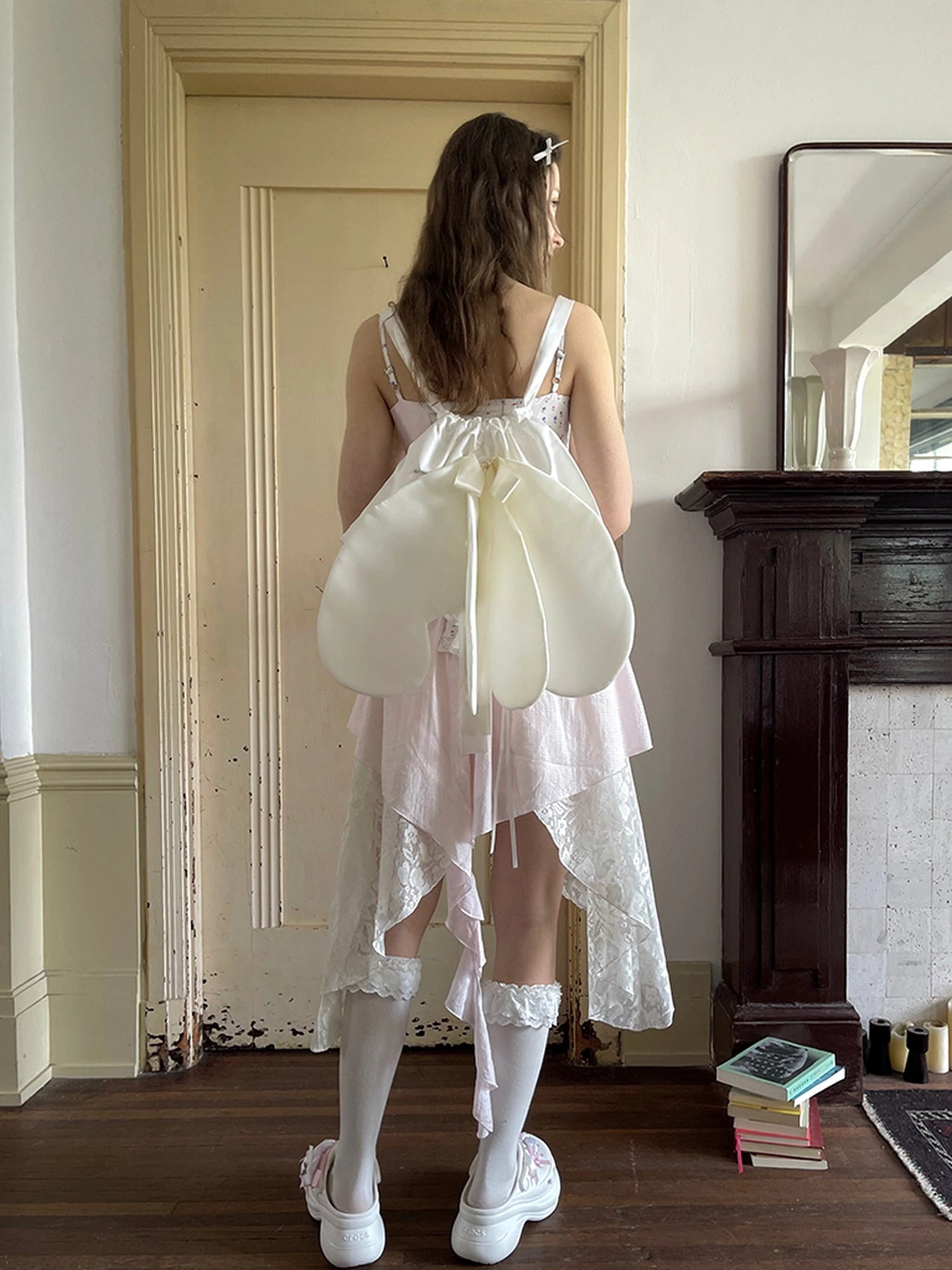 Floral Lace Up Backless Denim Blue Patchwork Dress