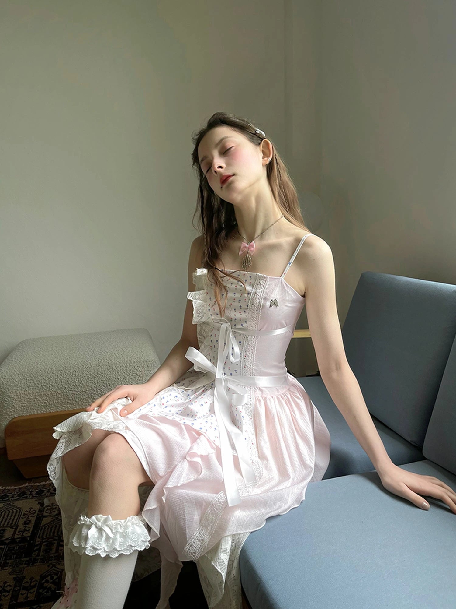 Floral Lace Up Backless Denim Blue Patchwork Dress