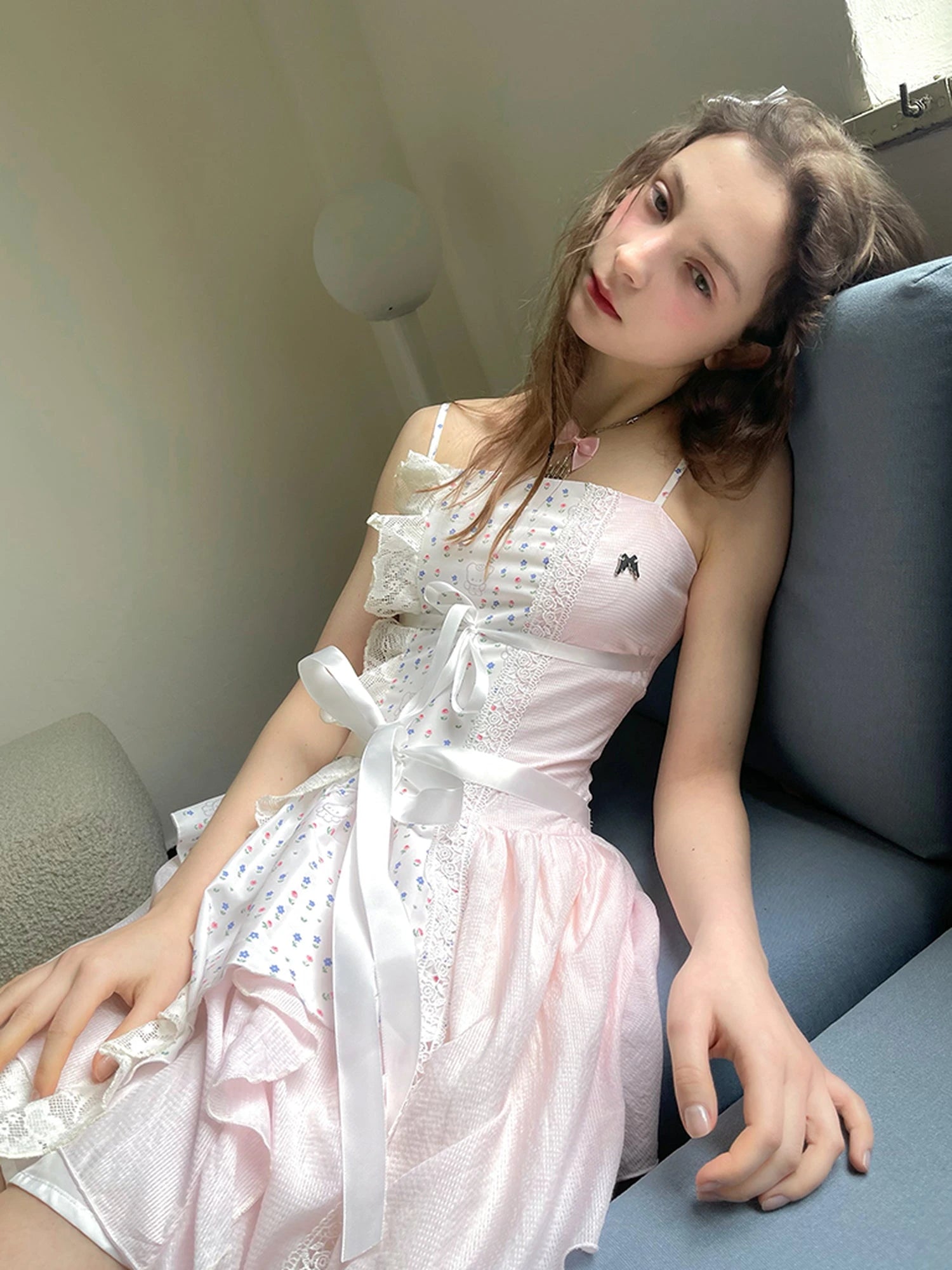 Floral Lace Up Backless Denim Blue Patchwork Dress