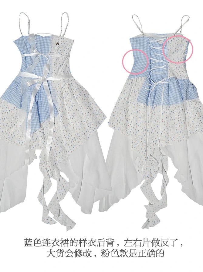 Floral Lace Up Backless Denim Blue Patchwork Dress