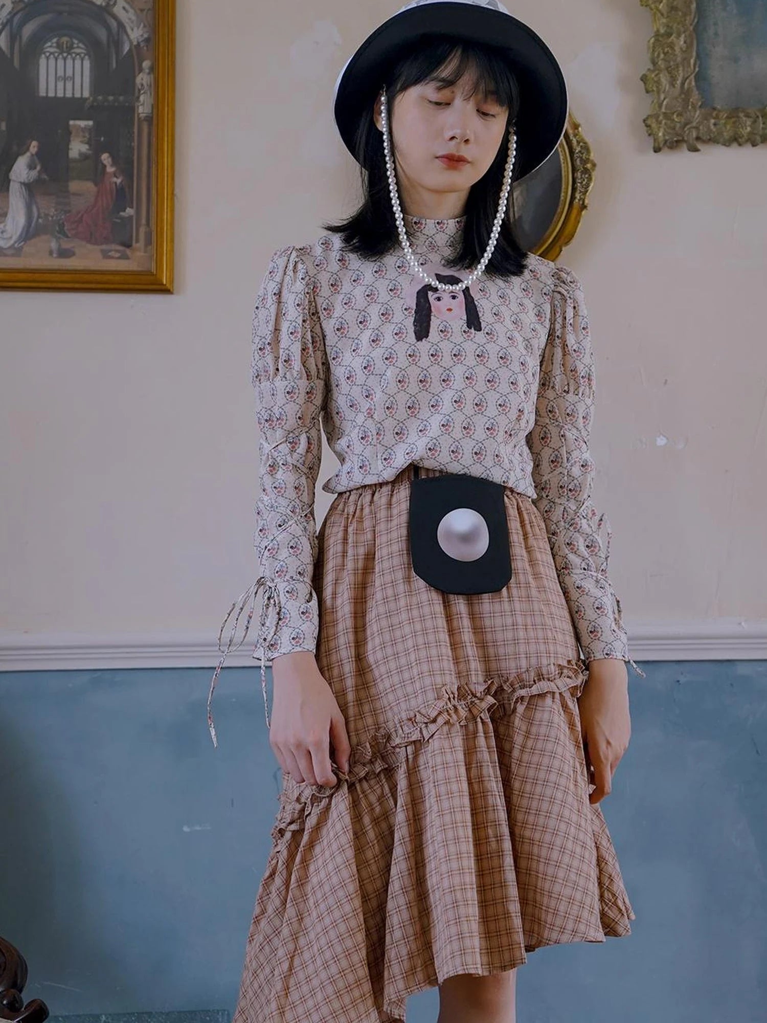 Floral Pearl Checkered Bucket Hat