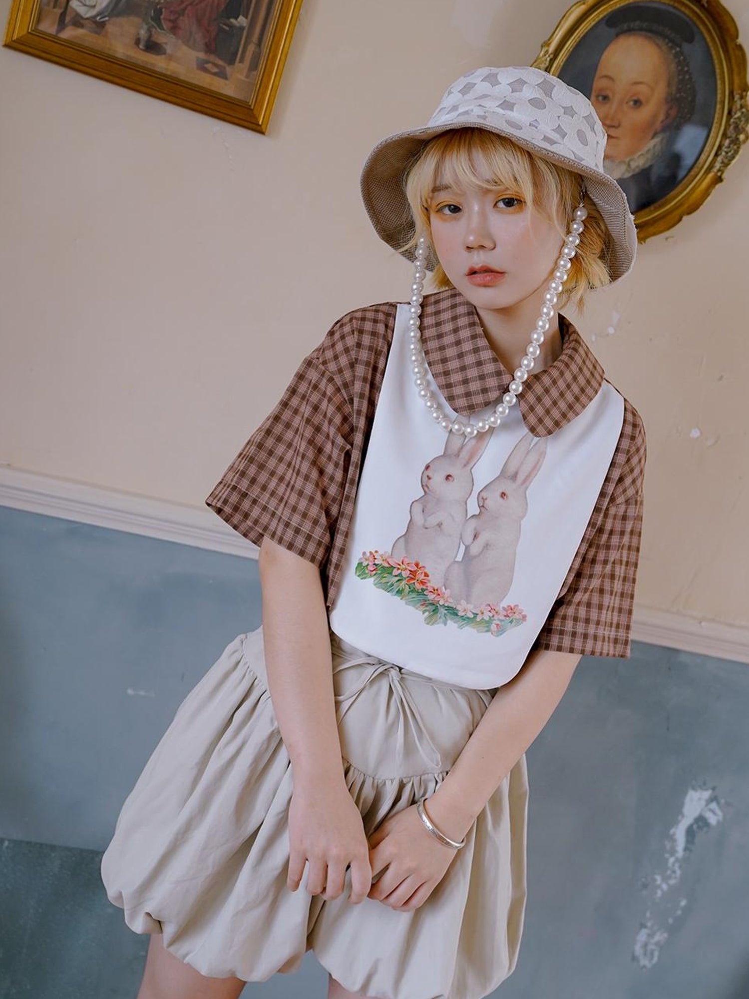 Daytoday Floral Pearl Checkered Bucket Hat