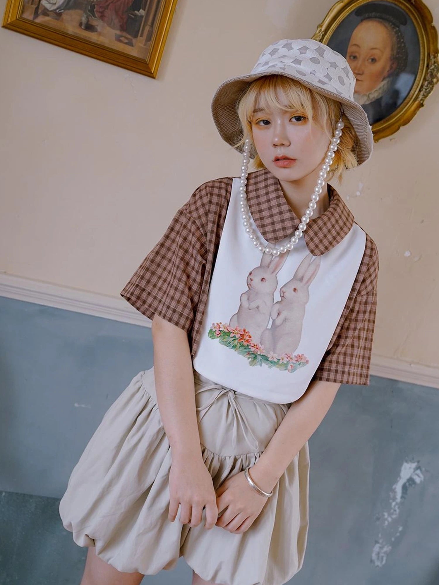 Floral Pearl Checkered Bucket Hat