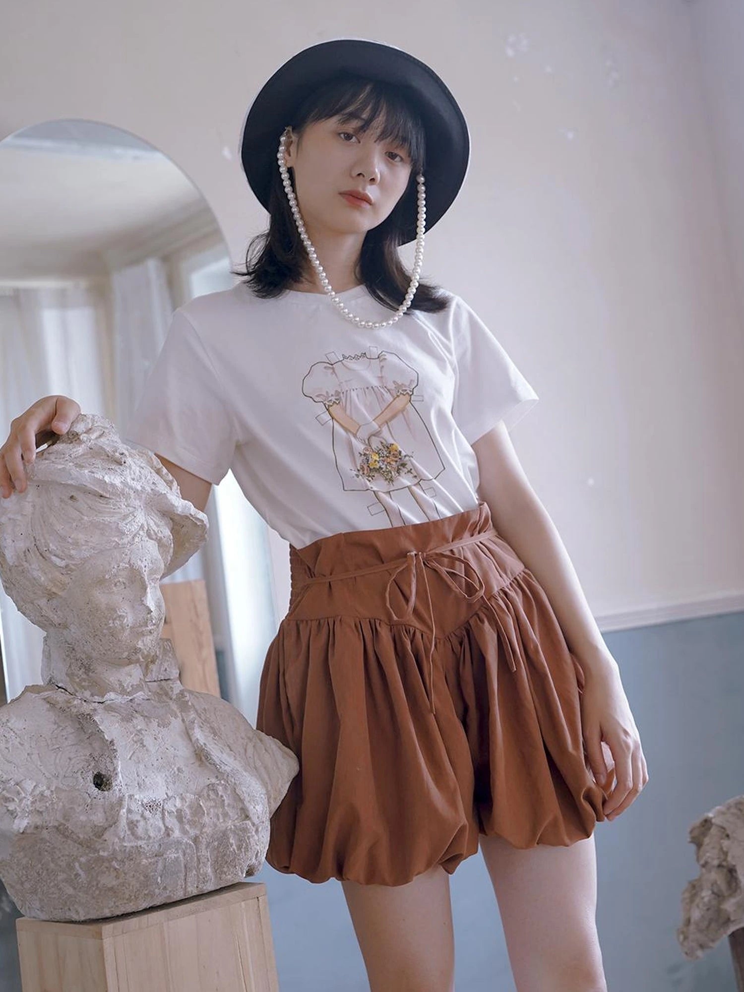 Floral Pearl Checkered Bucket Hat