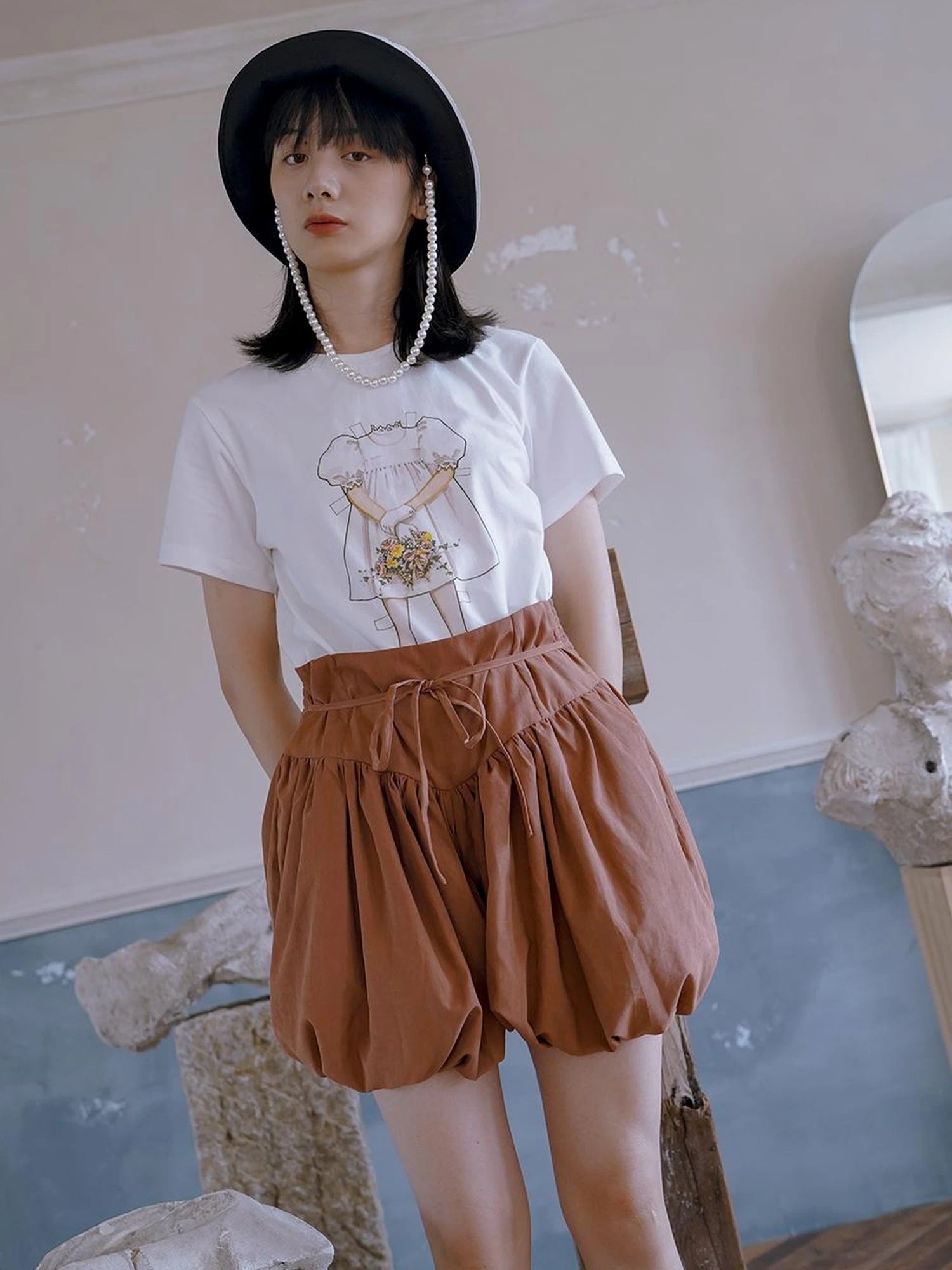 Floral Pearl Checkered Bucket Hat