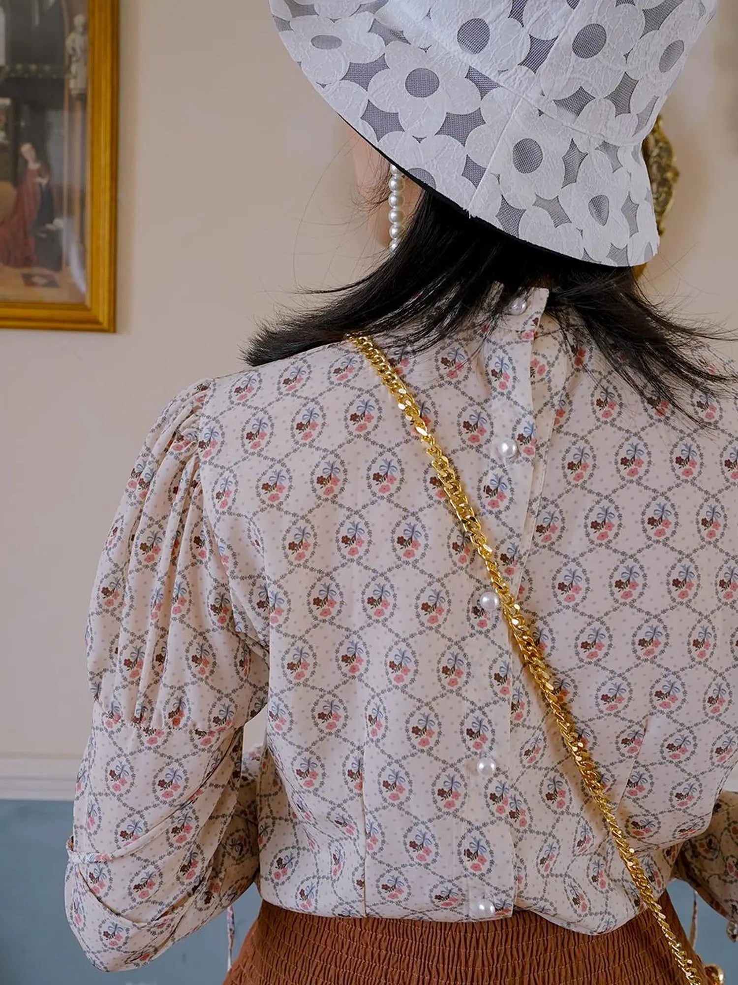 Floral Pearl Checkered Bucket Hat