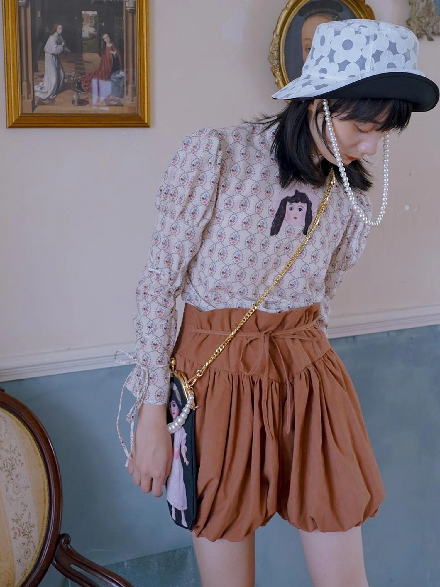 Floral Pearl Checkered Bucket Hat