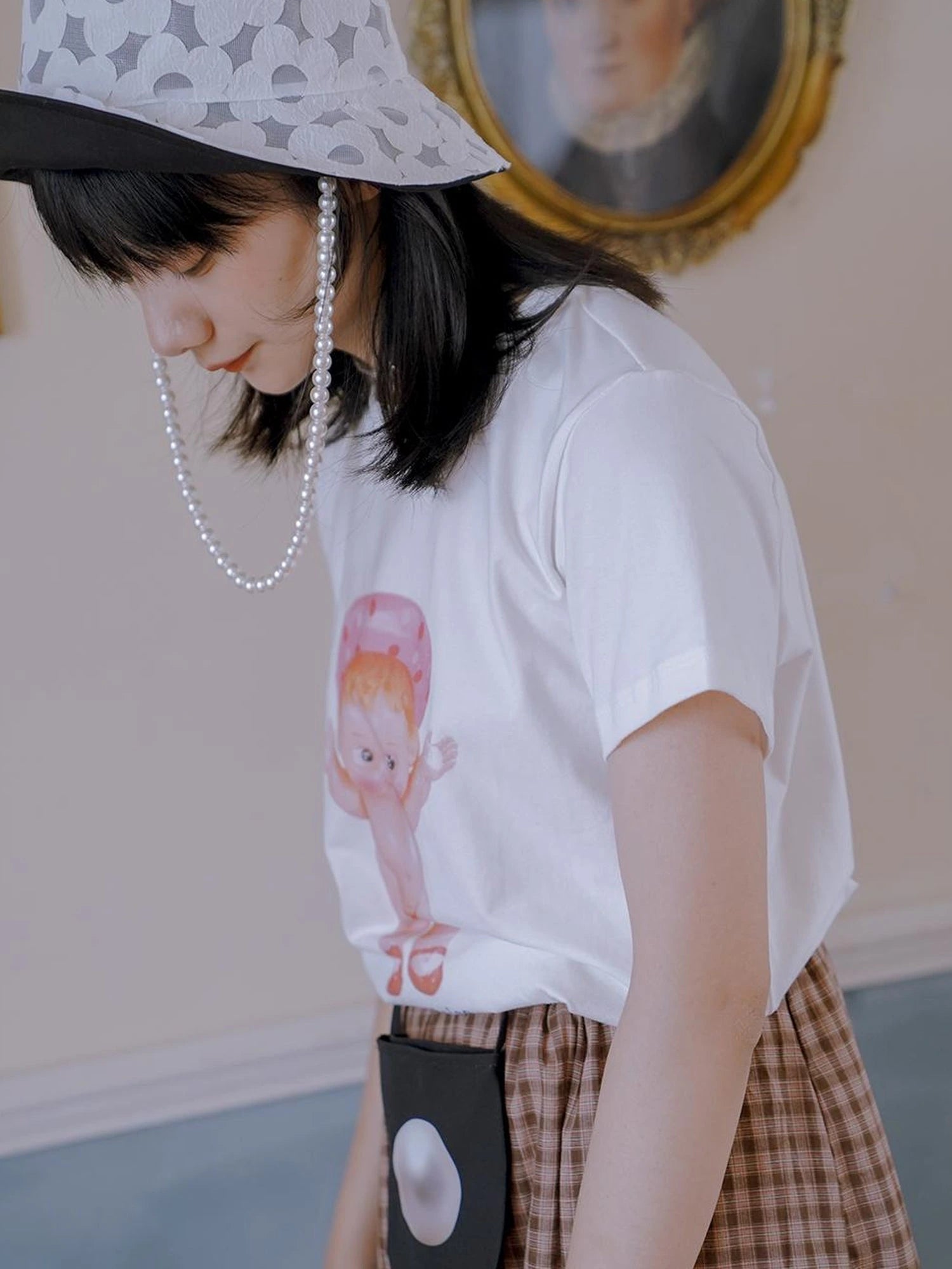 Floral Pearl Checkered Bucket Hat