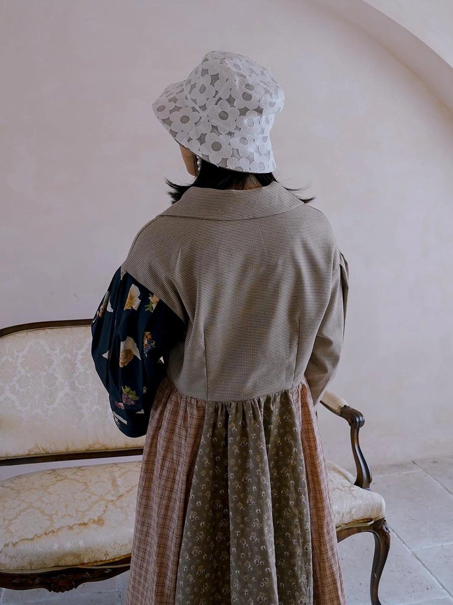 Floral Pearl Checkered Bucket Hat