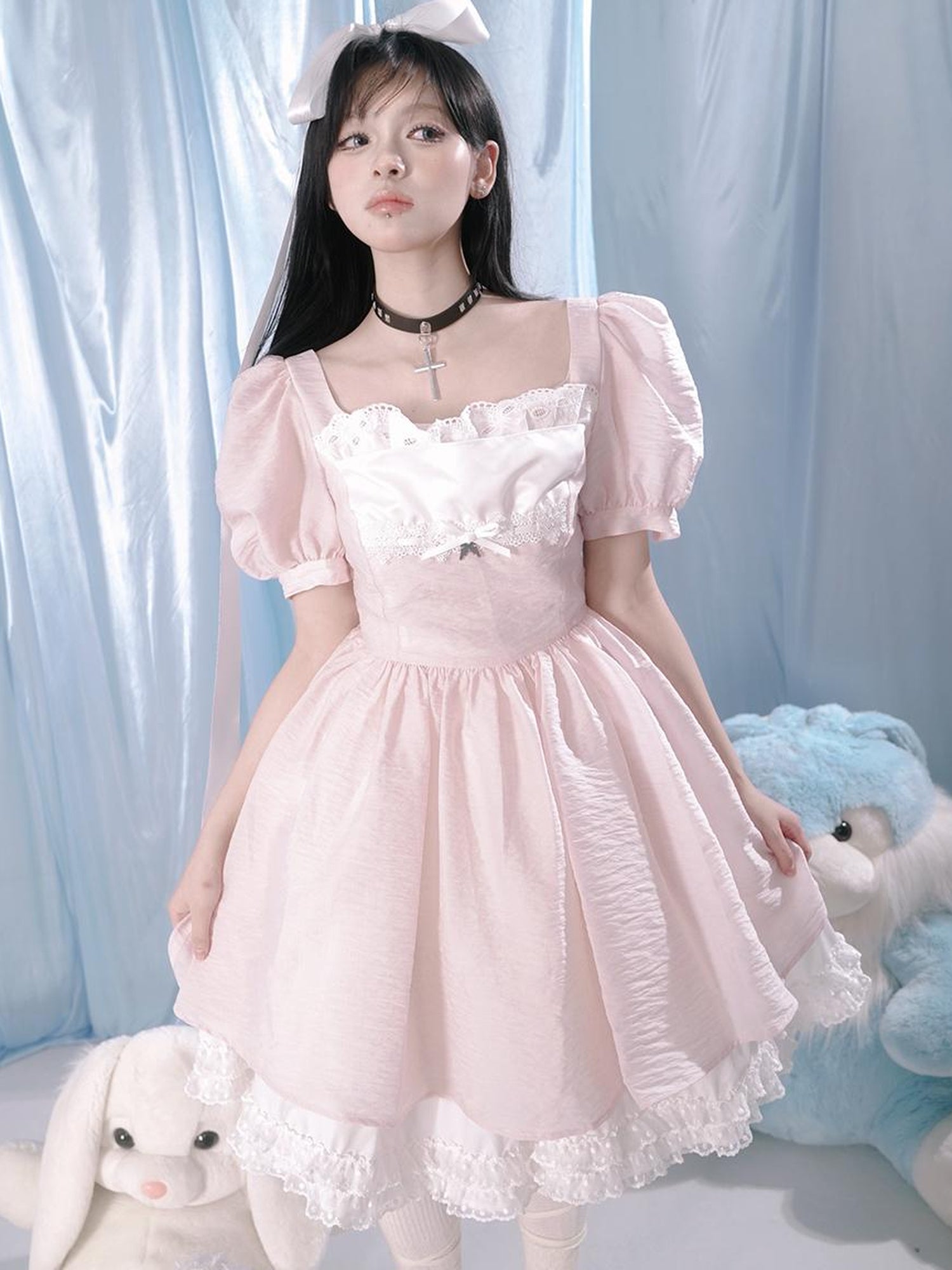 Daytoday Floral Print Bubble Sleeve Lace Trim Dress