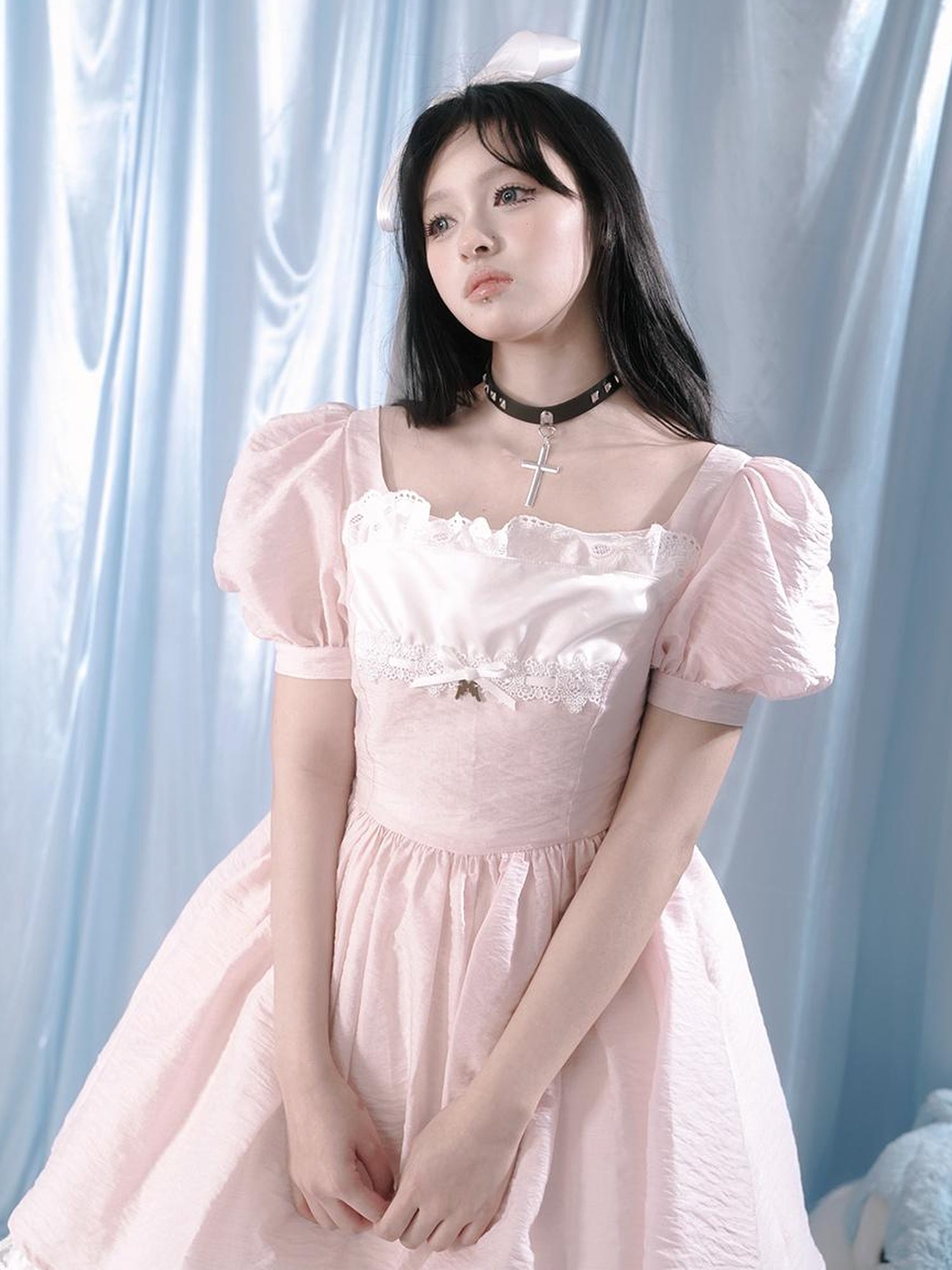 Daytoday Floral Print Bubble Sleeve Lace Trim Dress