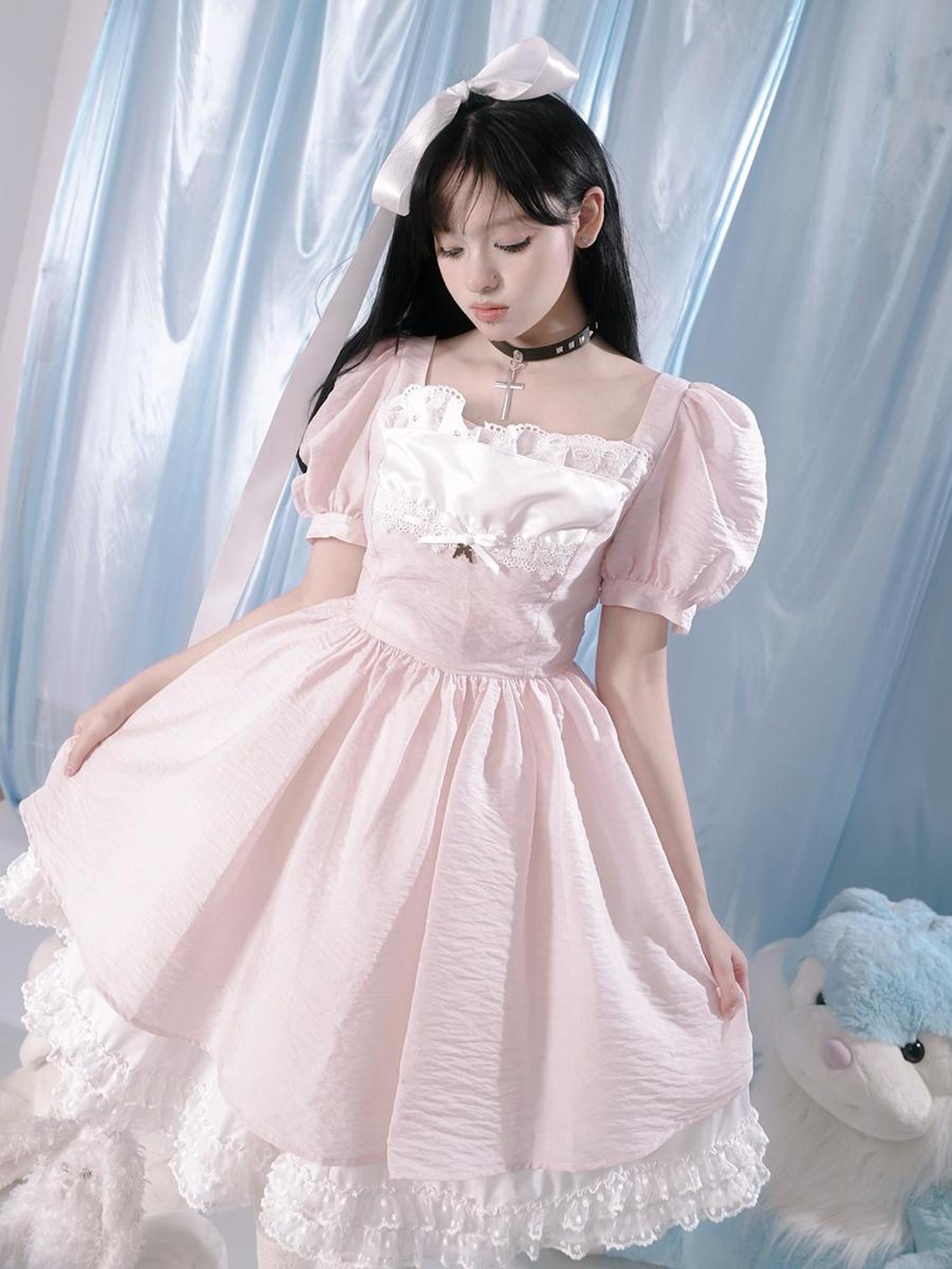 Daytoday Floral Print Bubble Sleeve Lace Trim Dress