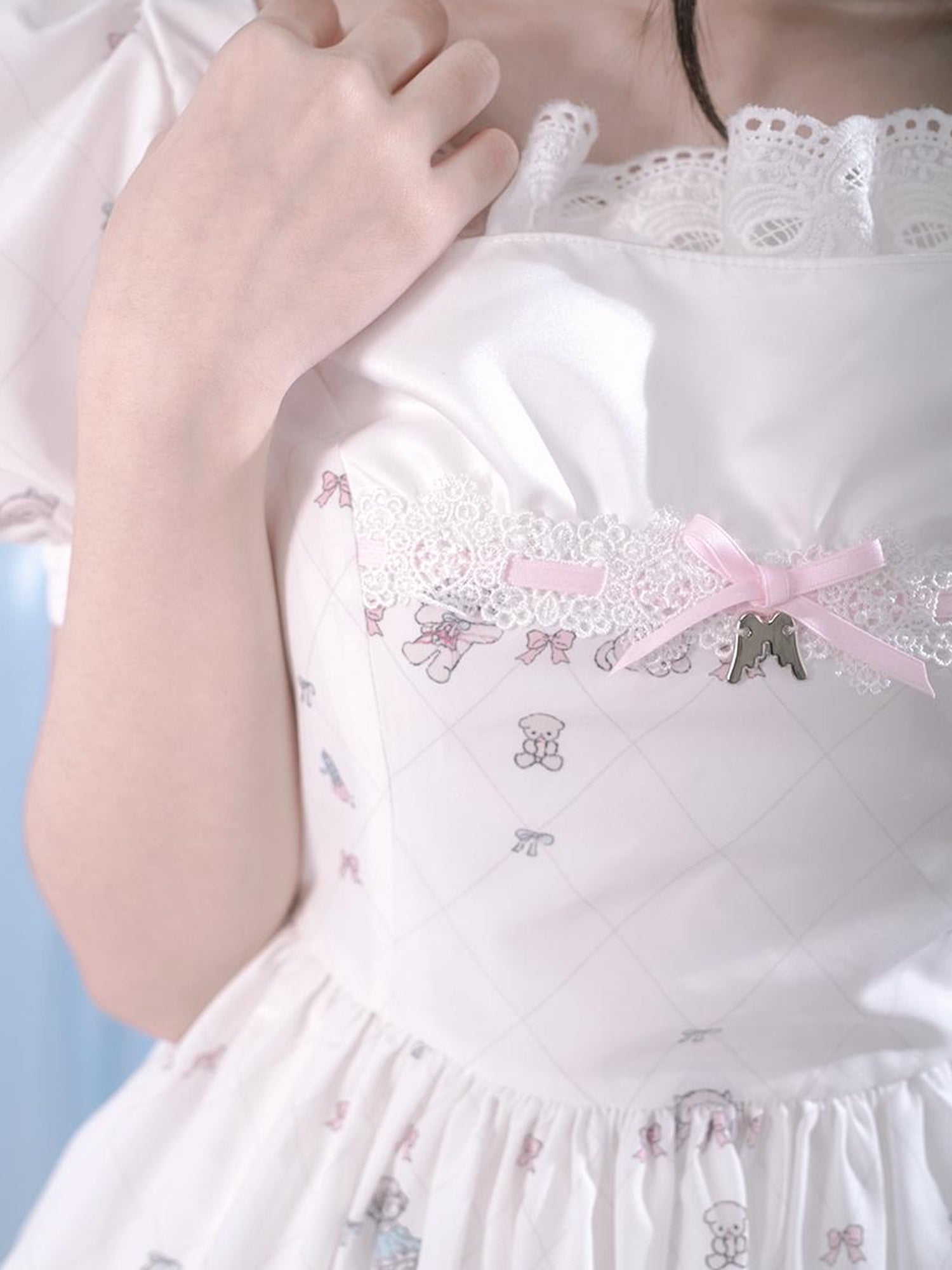 Daytoday Floral Print Bubble Sleeve Lace Trim Dress