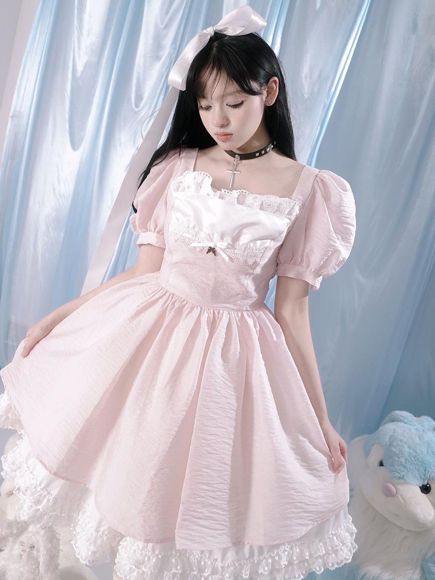 Daytoday Floral Print Bubble Sleeve Lace Trim Dress