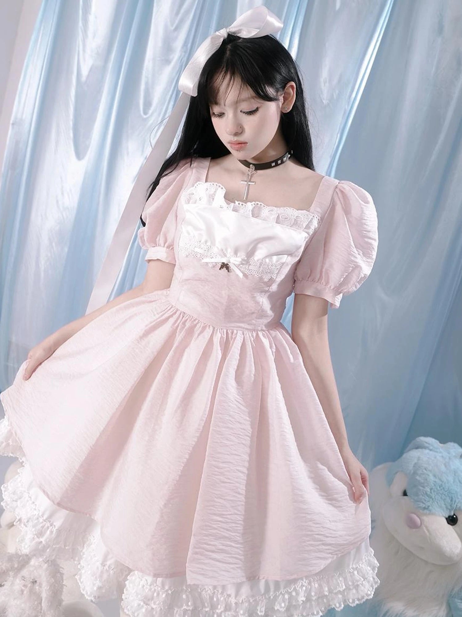 Floral Print Bubble Sleeve Lace Trim Dress