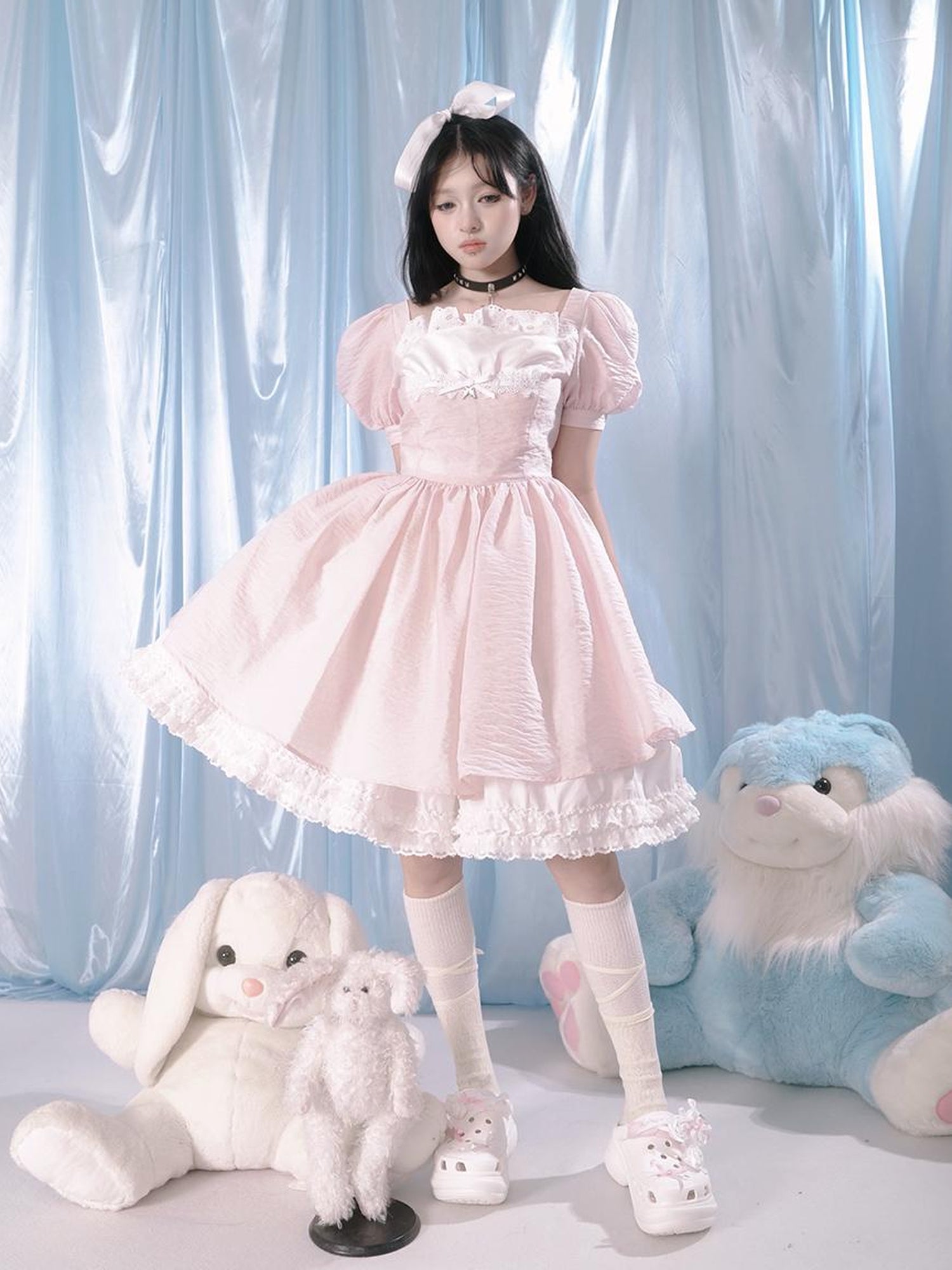Daytoday Floral Print Bubble Sleeve Lace Trim Dress